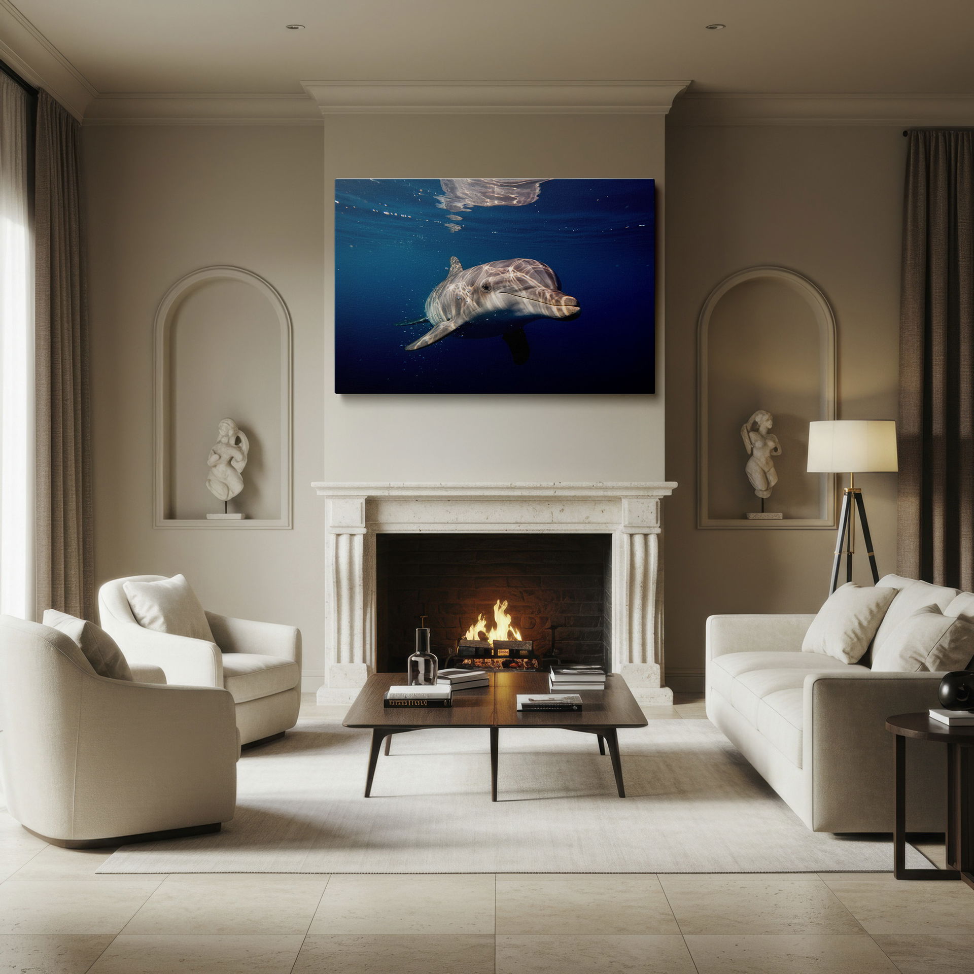 Wrapped Canvas showcasing a close-up of a dolphin underwater, sunlight creating patterns on its sleek body.