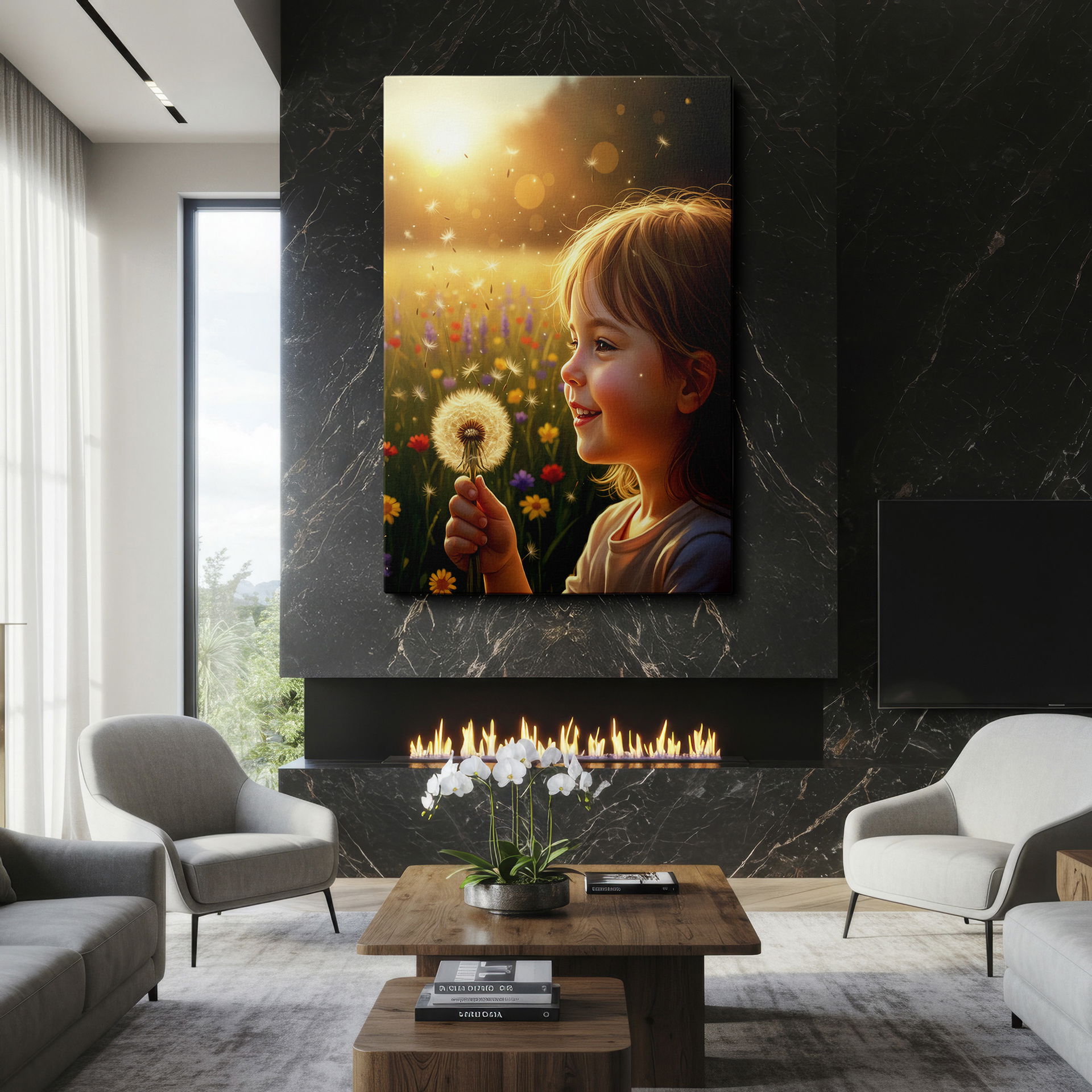 A sunlit meadow scene with a child holding a dandelion. Enhance your home with Wrapped Canvas art.
