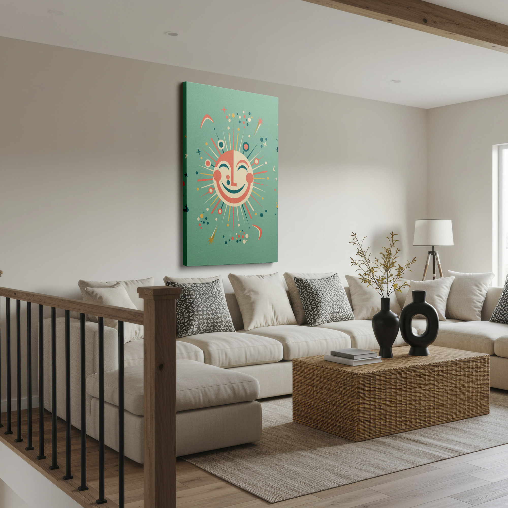 Retro abstract wall art of a smiling sun and stars; ideal as Wrapped Canvas.