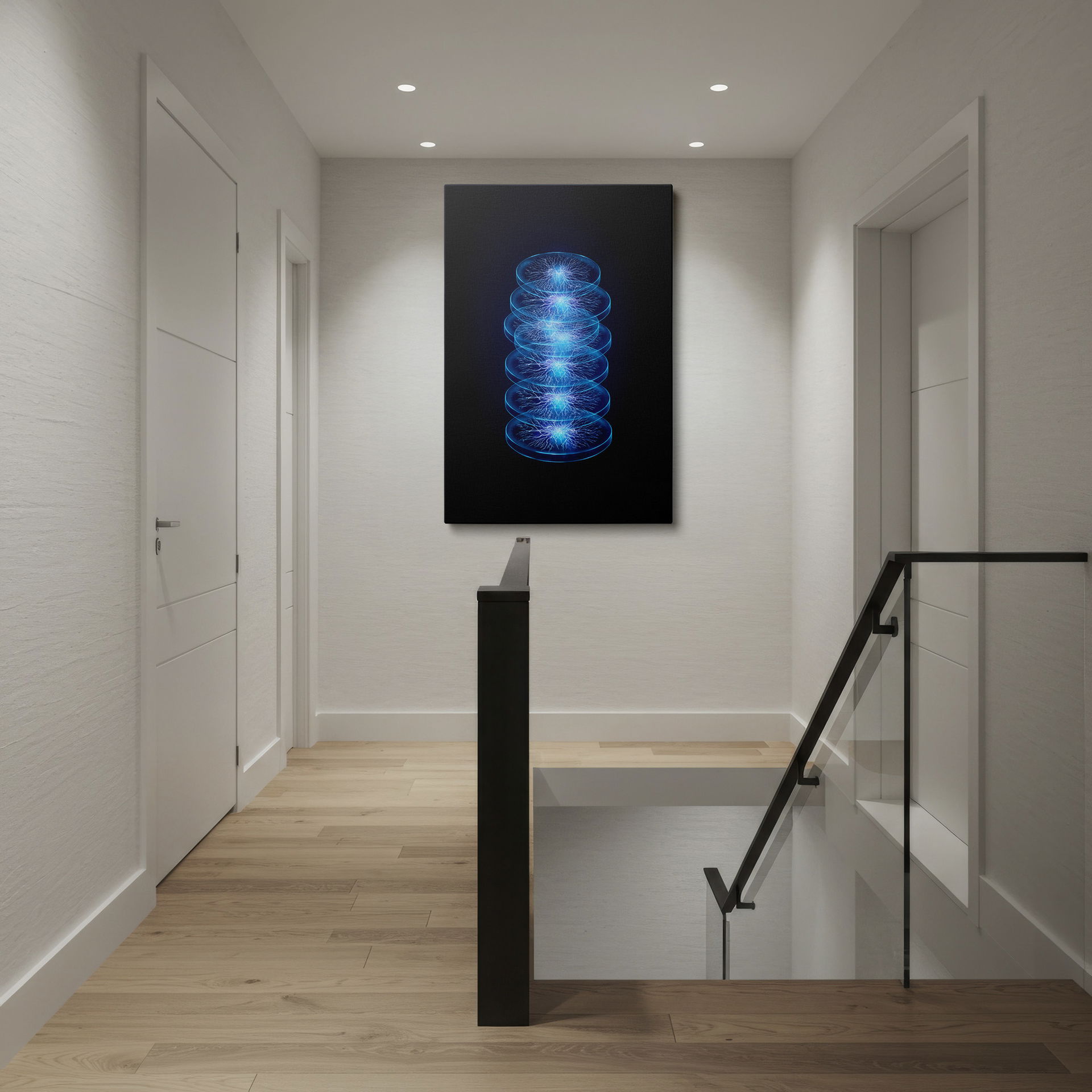 Modern wall decor: Translucent blue energy discs stacked high in this abstract piece.