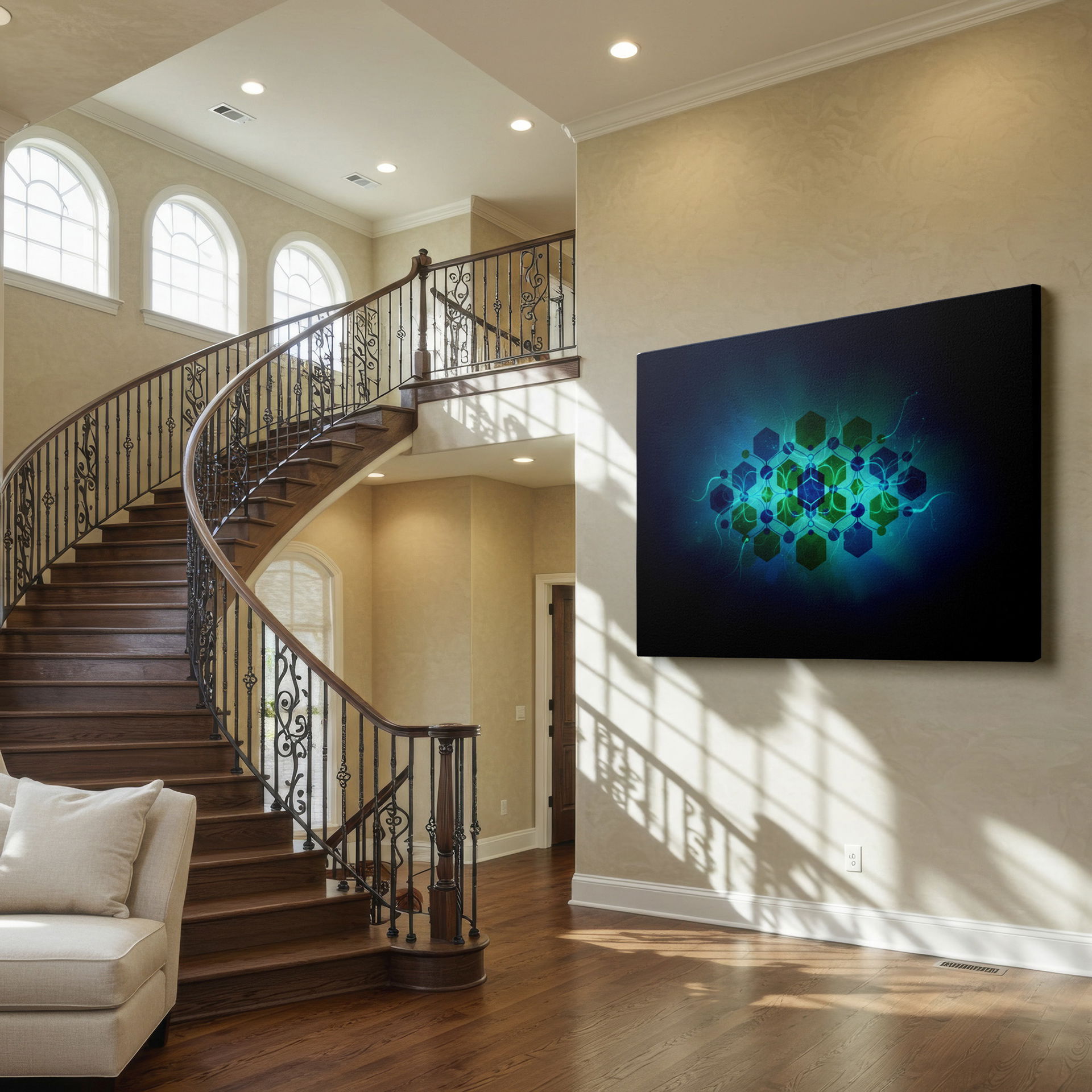 Wrapped Canvas showcasing a captivating abstract arrangement of geometric forms in shades of blue and green.