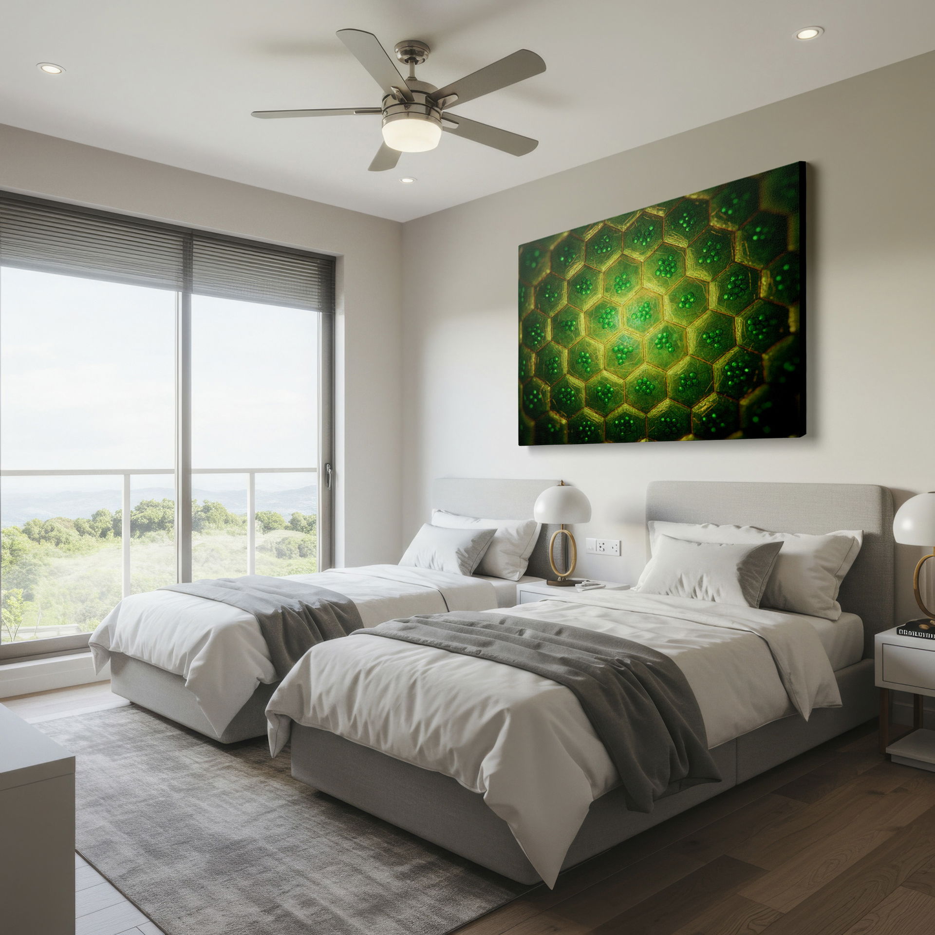 Green geometric wall art displays a mesmerizing abstract cell structure for unique wall decor.