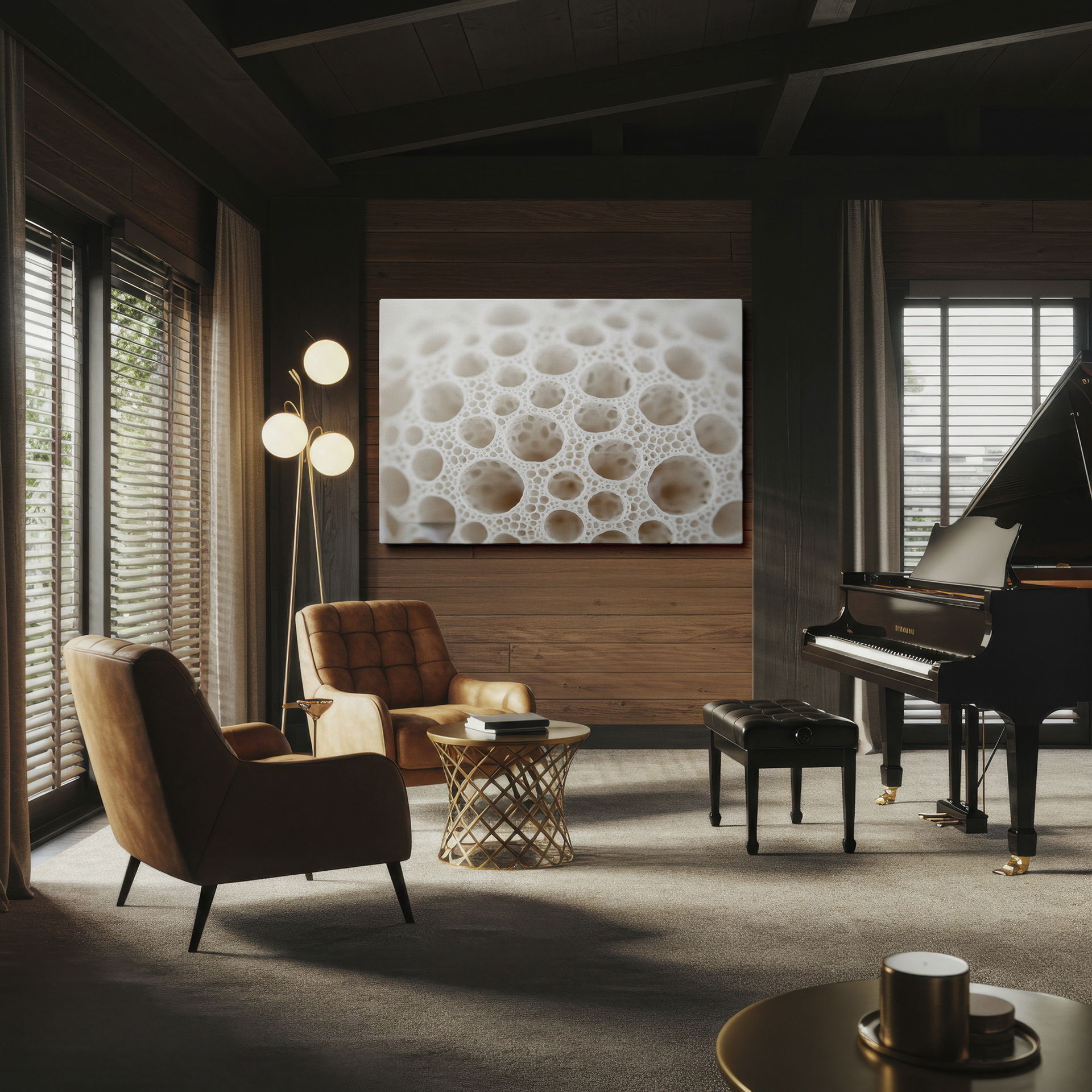 Close up image of a canvas wall art showing a field of small organic perforations with neutral and modern color tone.