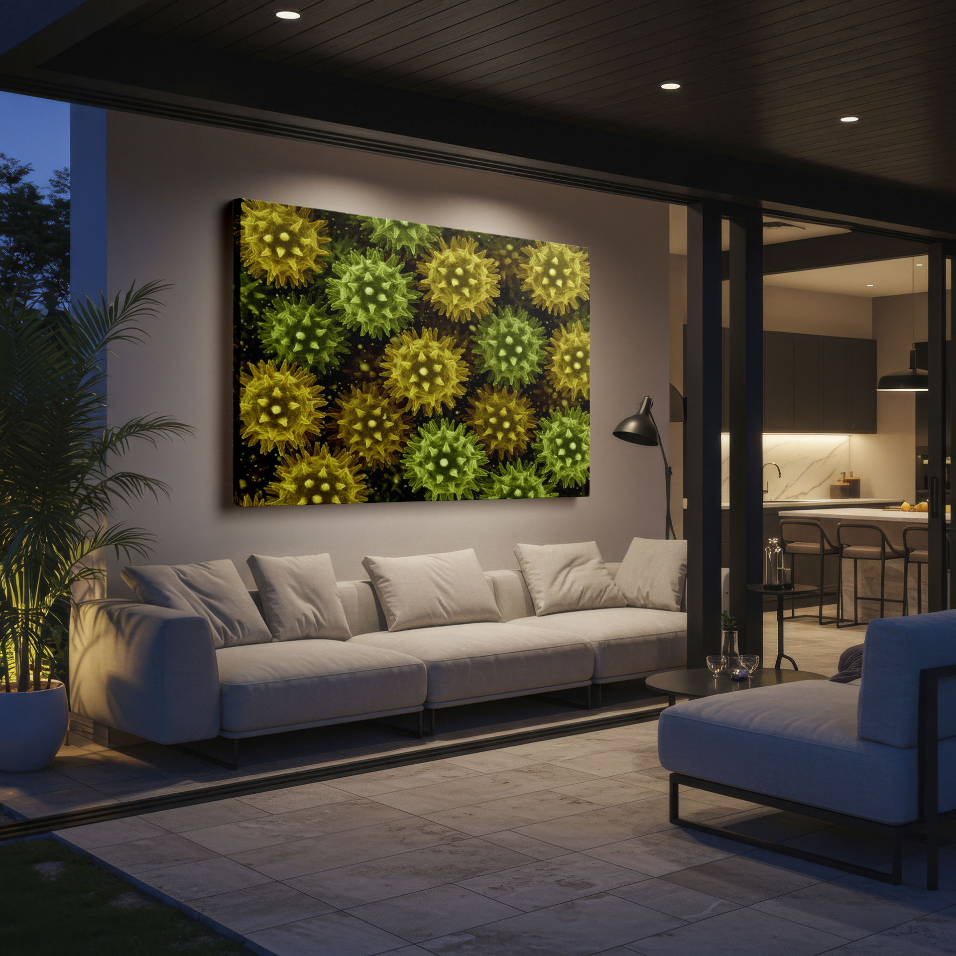 Intricate microscopic floral composition in muted green and yellow tones displayed as Wrapped Canvas.