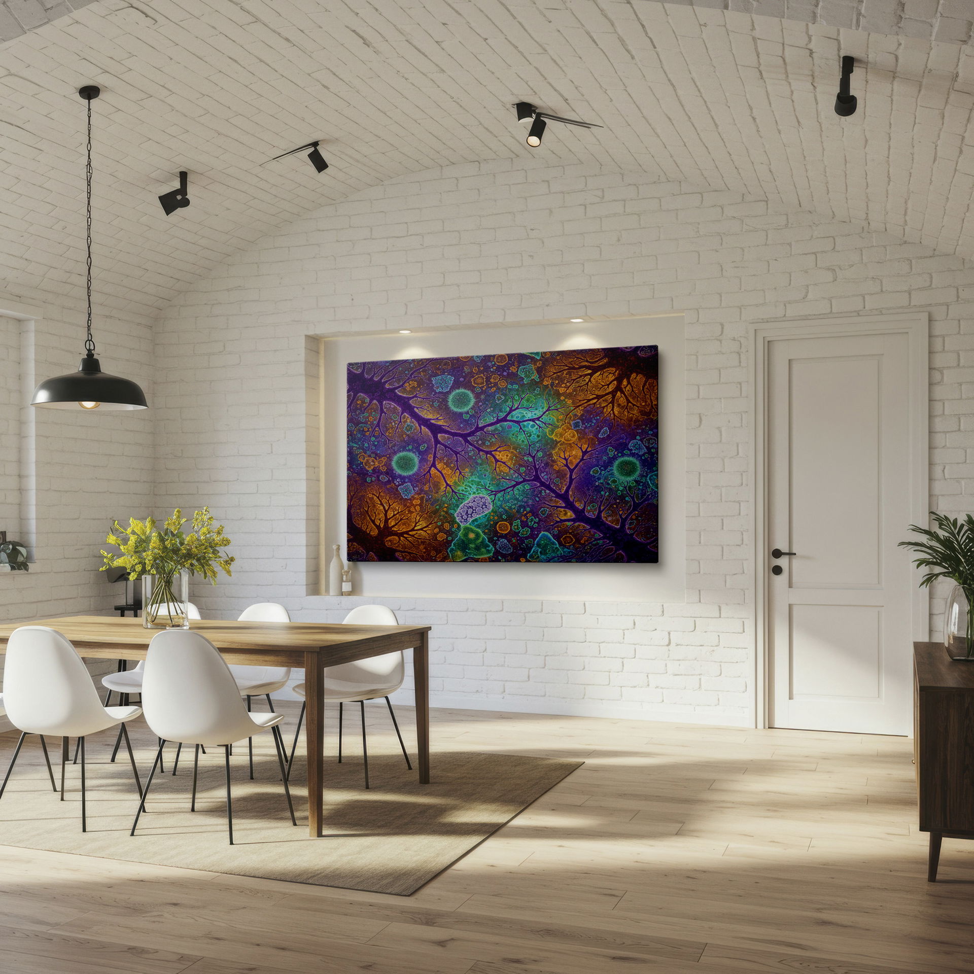 Visually striking Wrapped Canvas featuring a complex web of colorful abstract shapes.