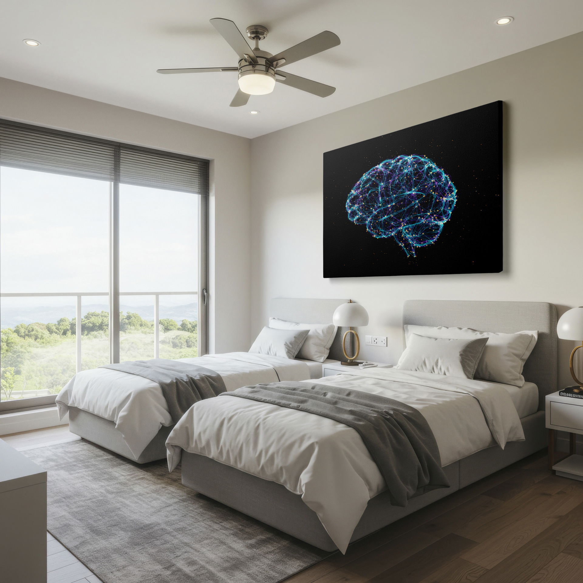 Luminous network brain represented in a digital abstract, nodes interconnected, set on black - unique wall decor.