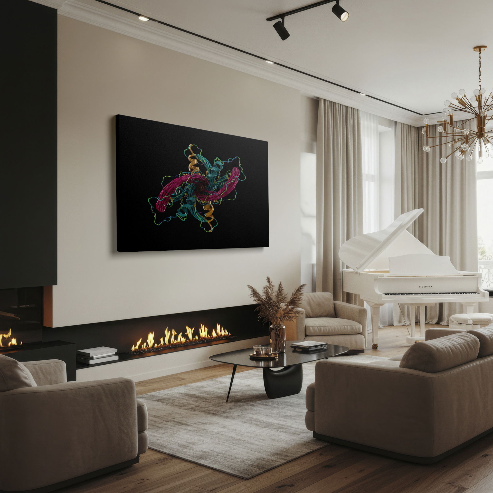 Modern digital abstract art on Wrapped Canvas, swirling with teal, magenta, and gold hues.