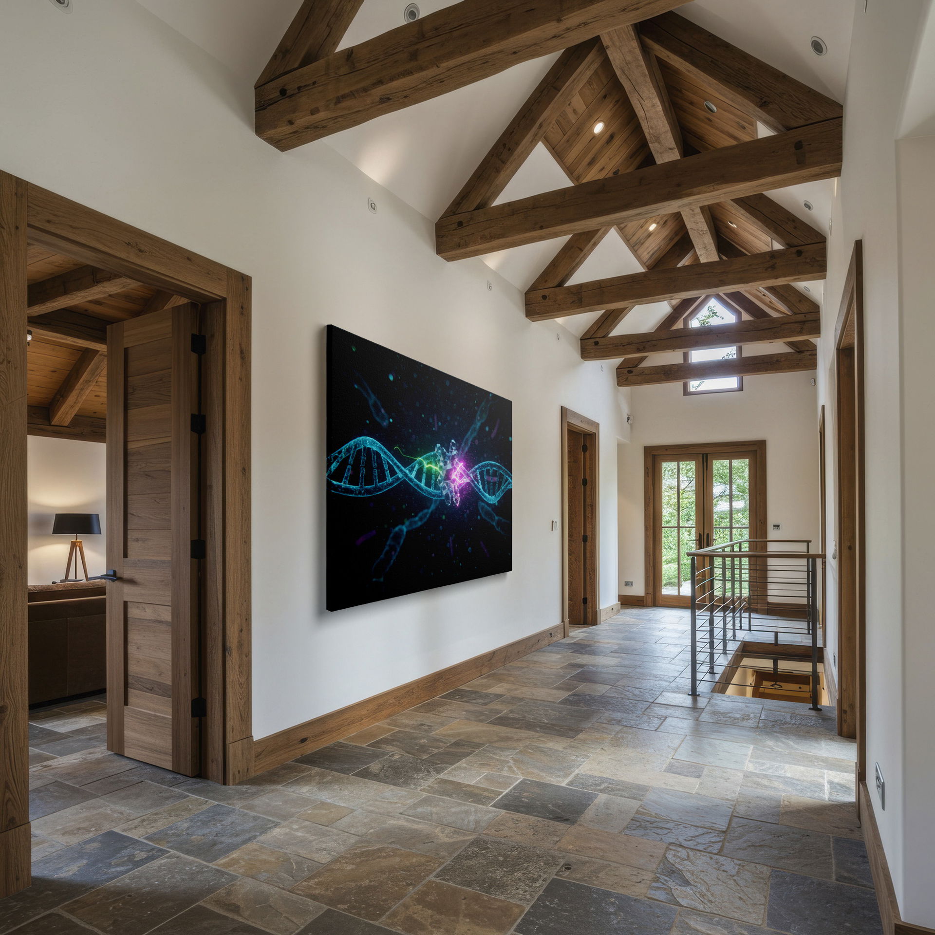 An eye-catching wall art piece of a glowing DNA molecule being disrupted by a crystalline structure in vibrant pinks and greens.