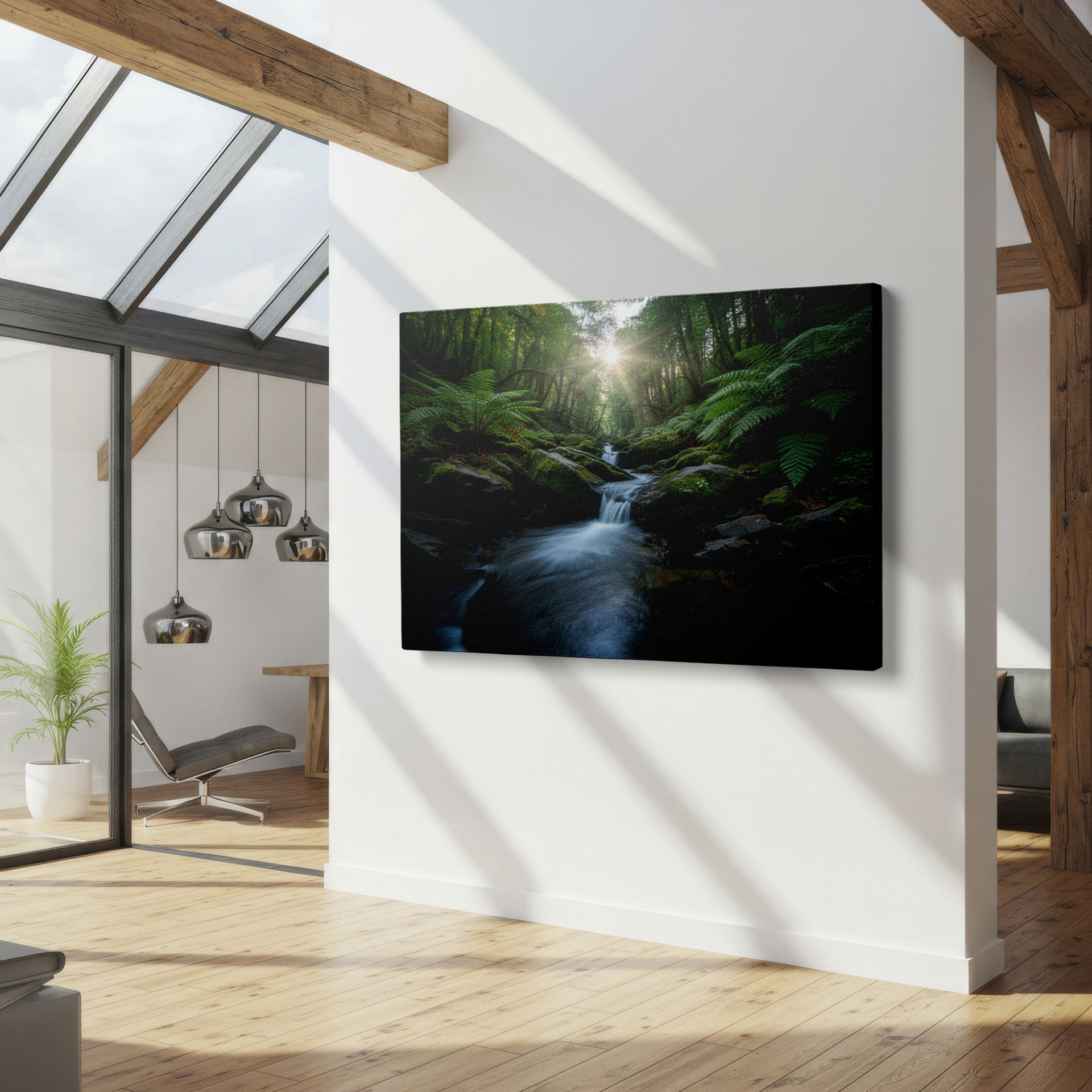 Sunlit forest stream flowing over moss-covered rocks captured in this decorative wall art.