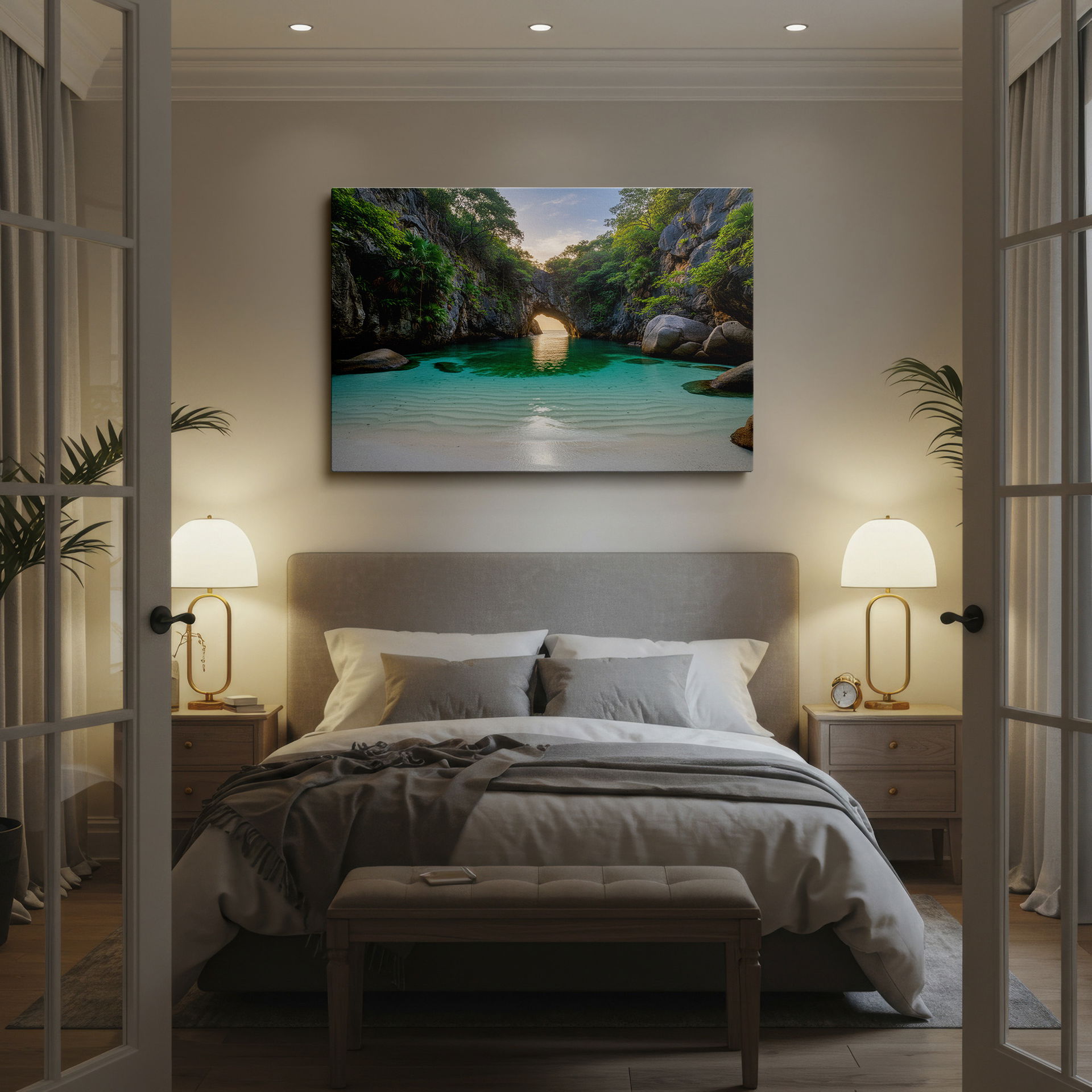 Lush greenery frames crystal-clear waters in this stunning beach wall art, a true coastal escape.