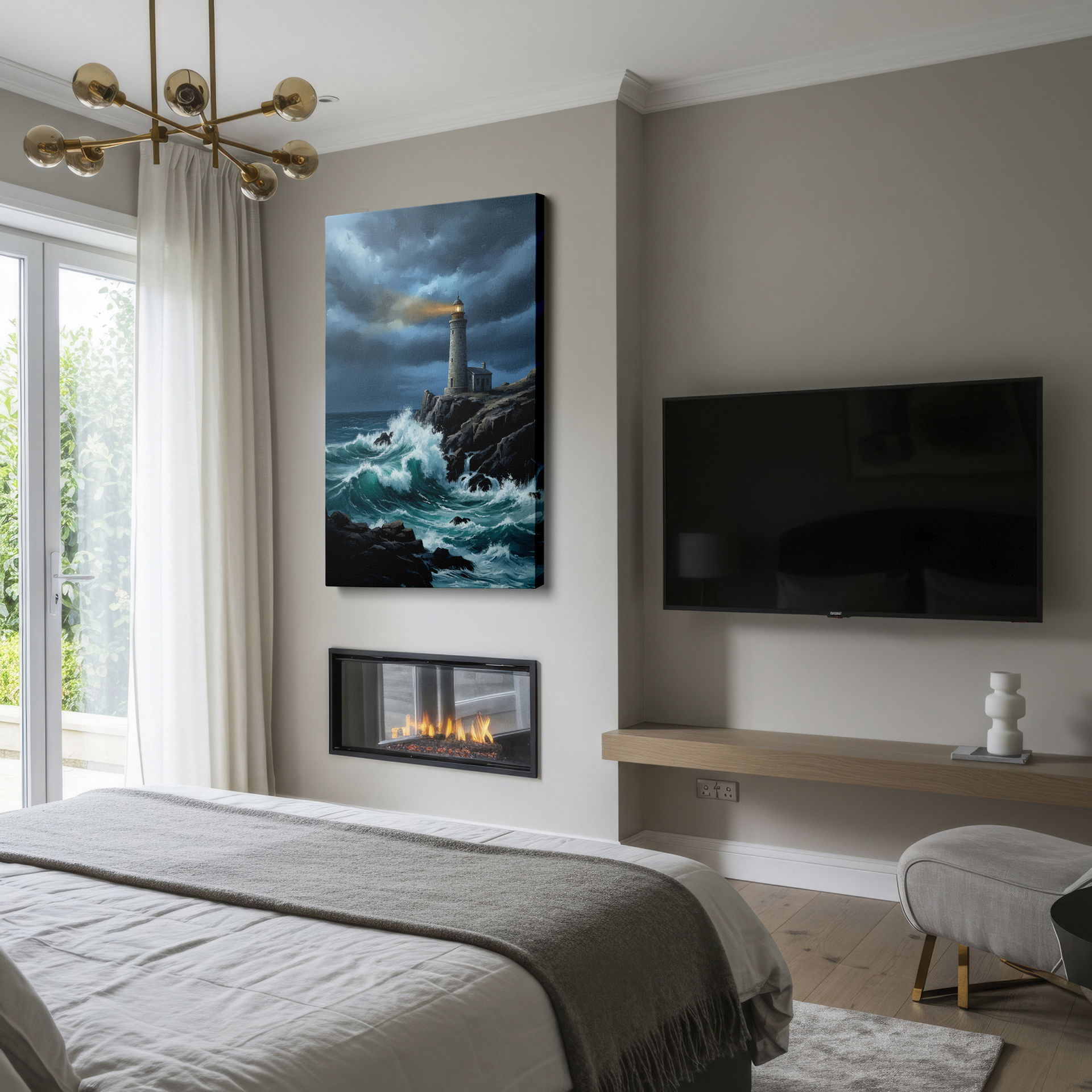 A captivating Wrapped Canvas of a stone lighthouse on a rocky coast, braving a stormy sea.