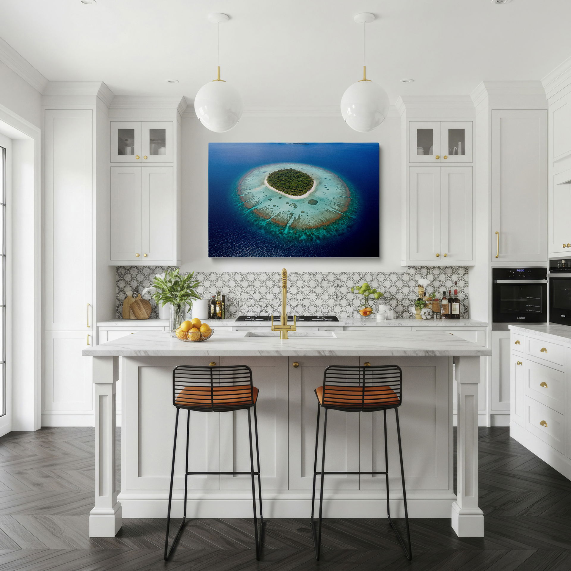 Stunning coral reefs ring a tropical paradise, captured from above; an exquisite piece of wall decor.