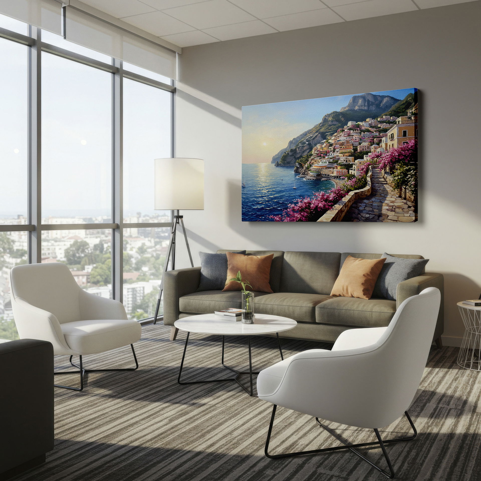 Wrapped Canvas featuring an Italian village nestled by the sea and a bright sun.