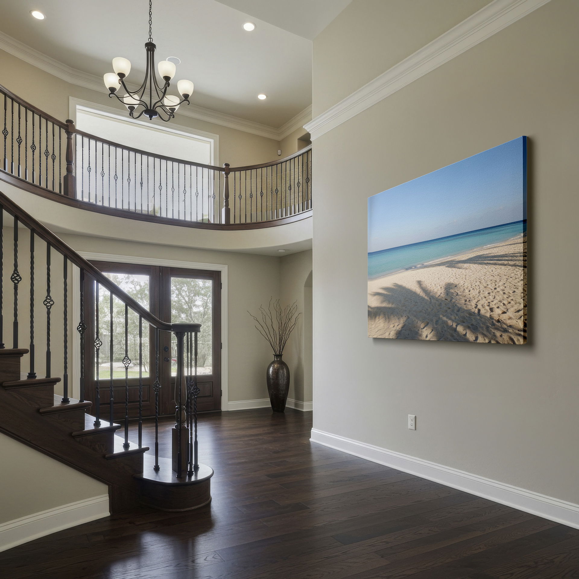 Tranquil turquoise water meets white sand in this stunning beach scene, a perfect Wrapped Canvas addition to your coastal wall art collection.