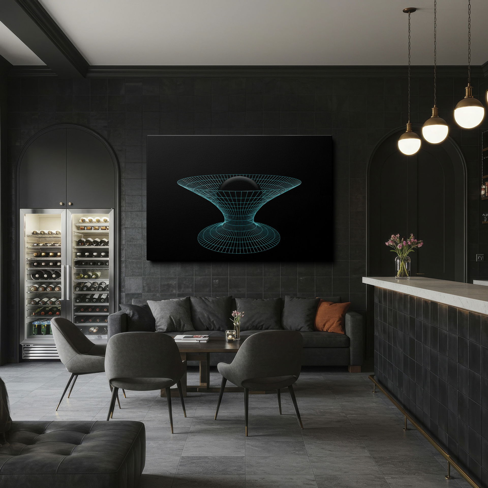 Intriguing Wrapped Canvas: A black sphere is suspended in a geometric blue wireframe; a perfect conversation starter as Wrapped Canvas.