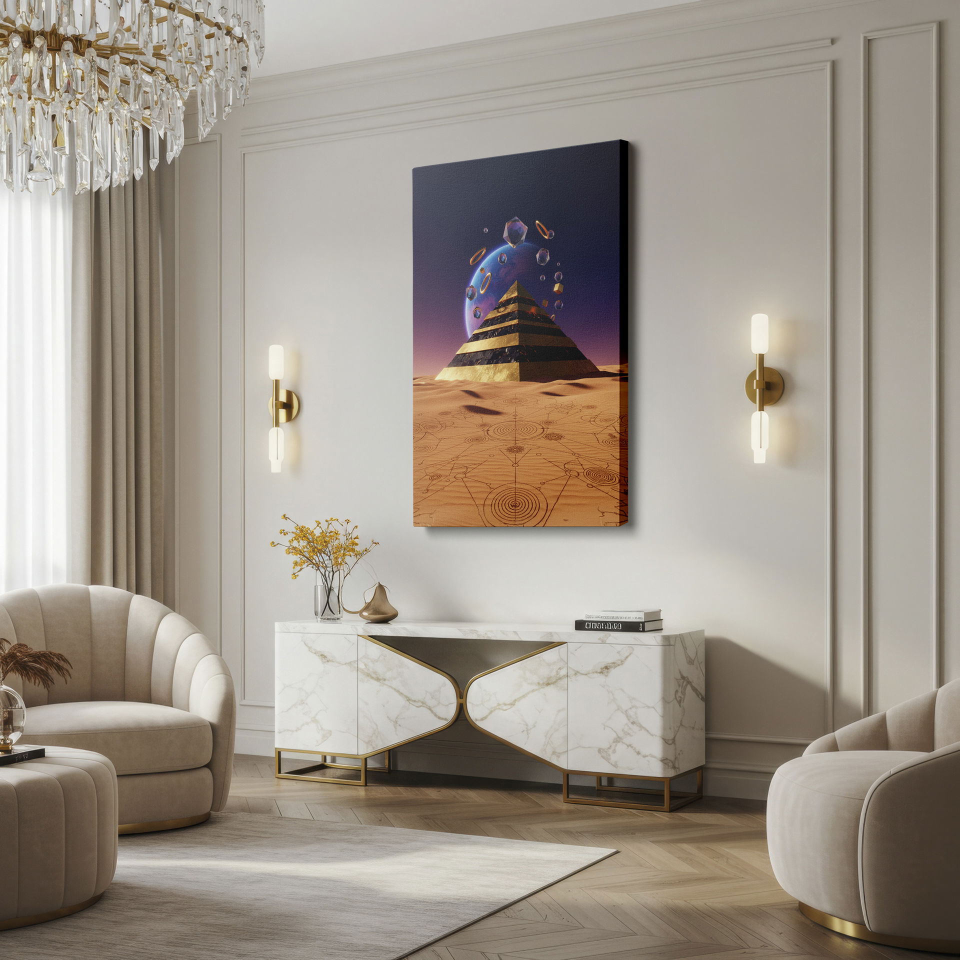 Golden pyramid Wrapped Canvas featuring geometric shapes and cosmic backdrop in surreal desert landscape. Contemporary design.