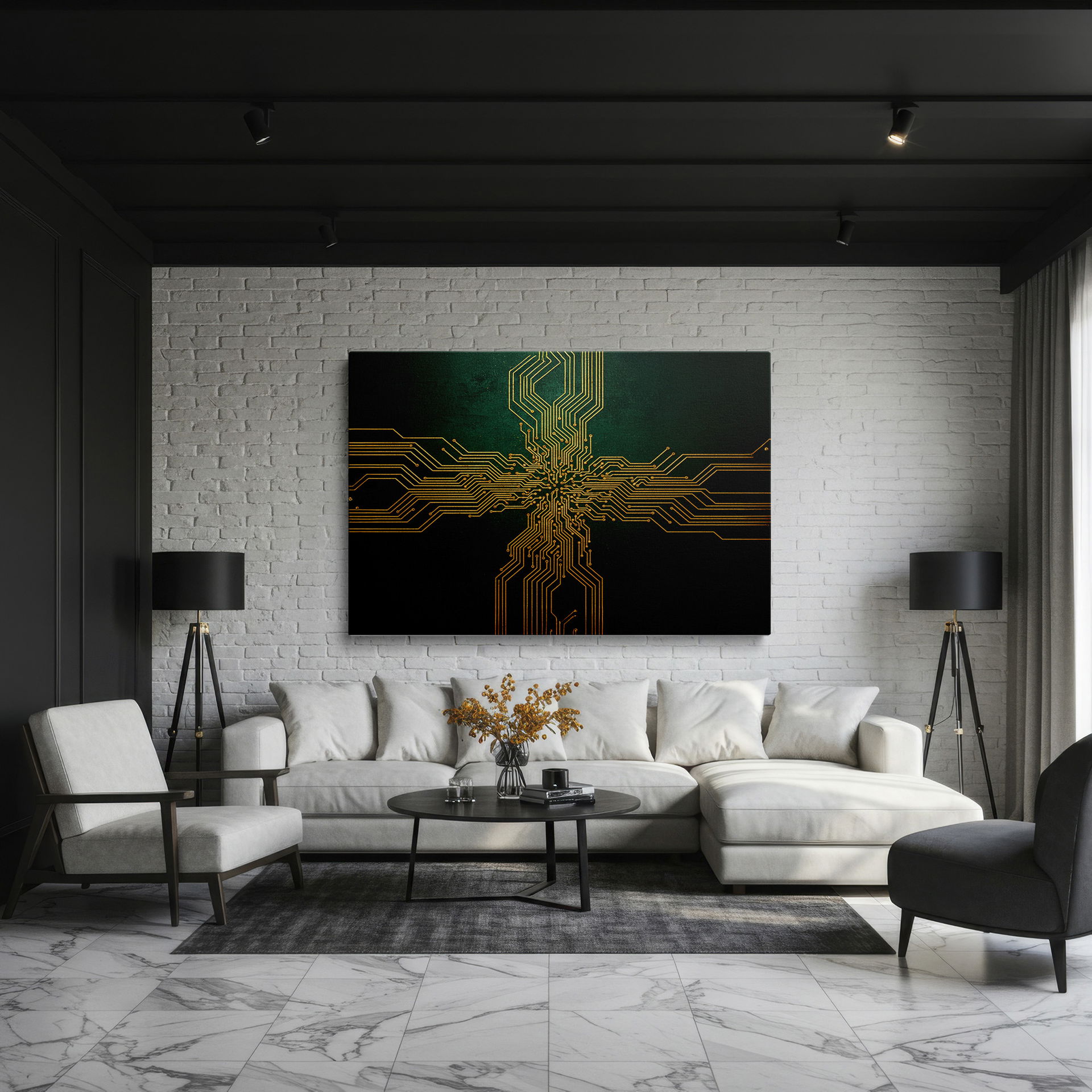 Intricate network of golden lines creating a captivating piece of wall decor.