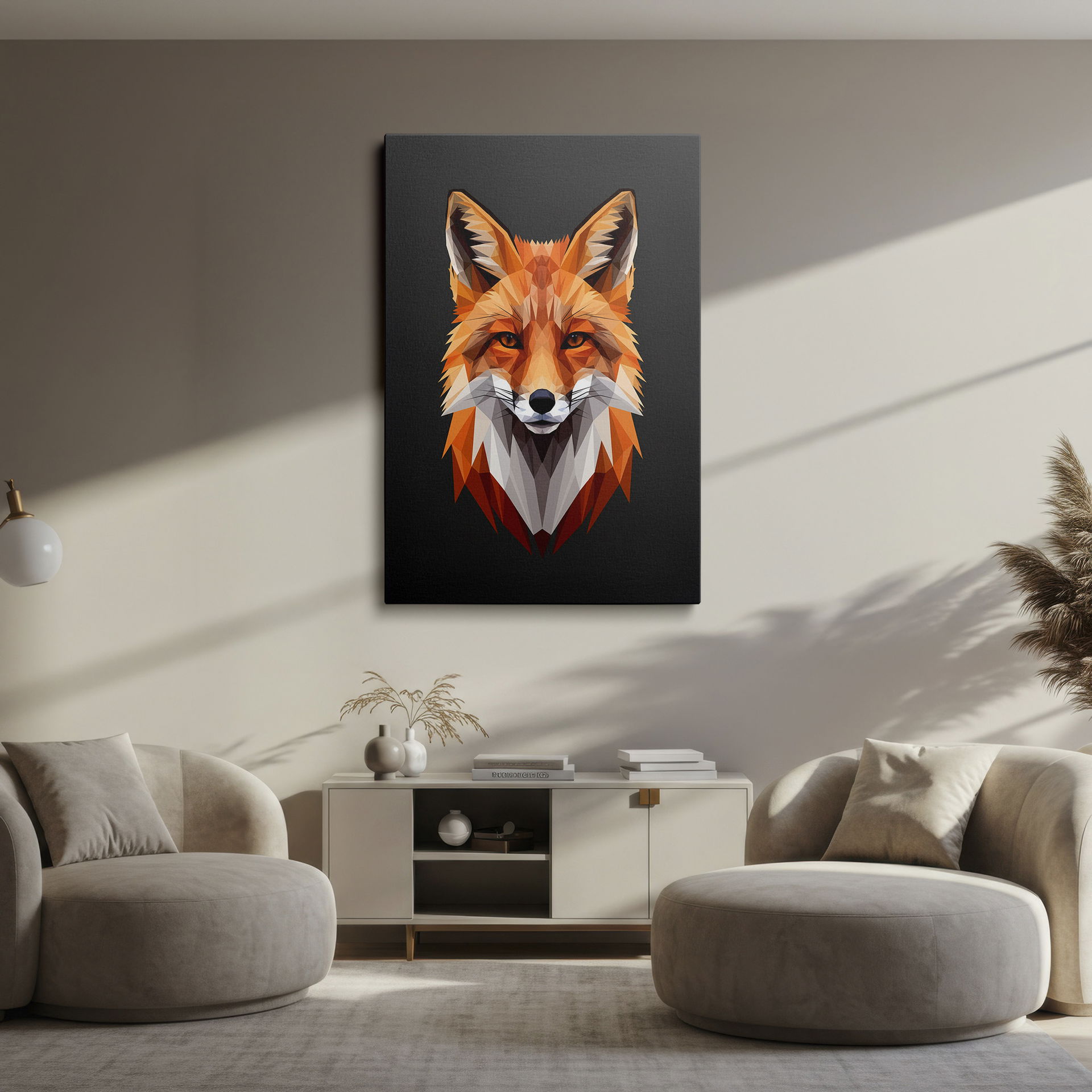 Contemporary wrapped canvas featuring a fox head constructed from geometric shapes.