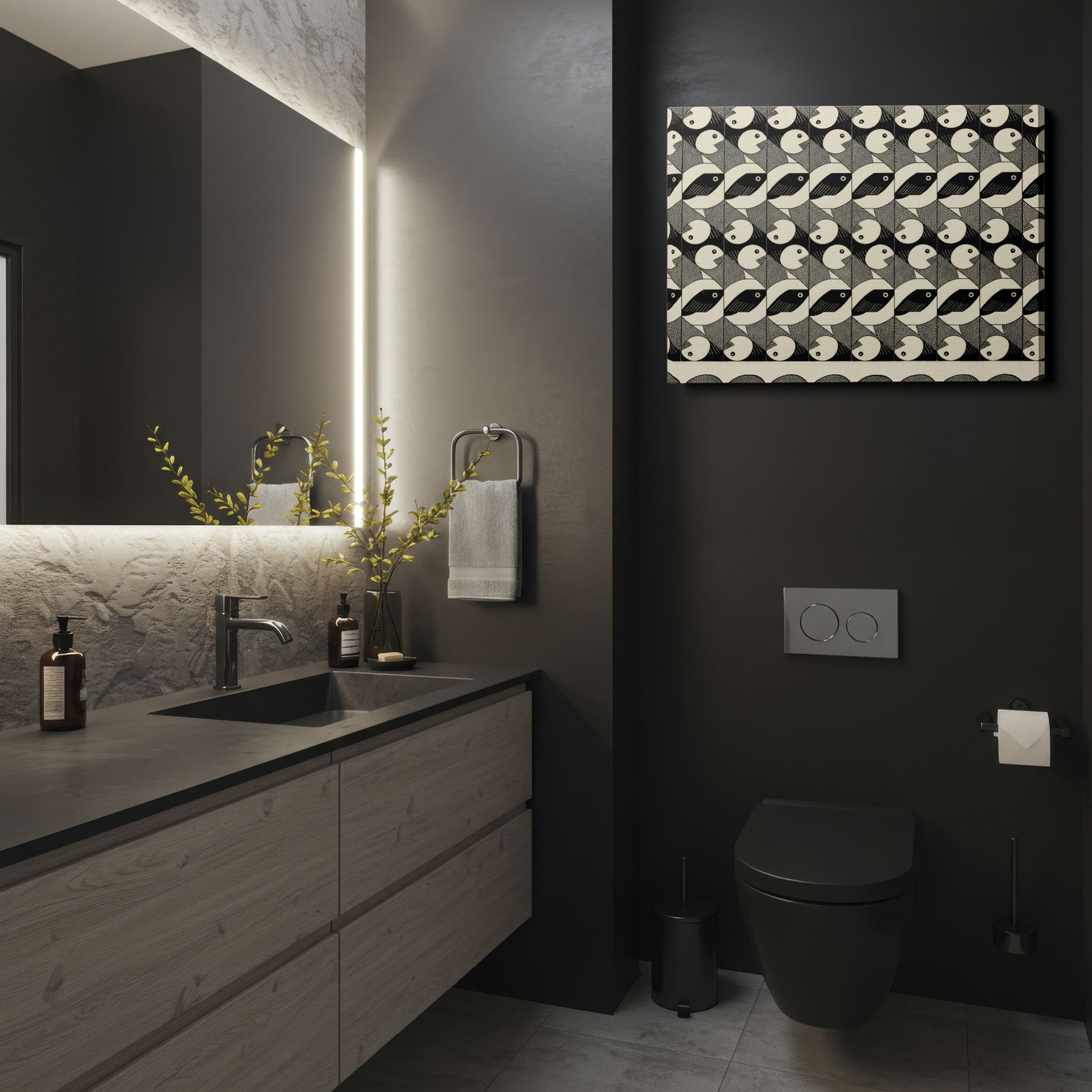 This black and white fish design offers a mesmerizing geometric touch to your wall decor.