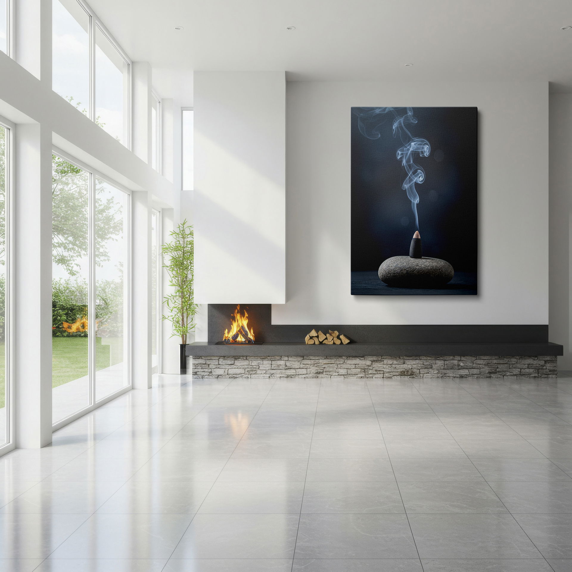 Wrapped Canvas art: Serene incense smoke rising from a stone, perfect for creating a calming meditation space.