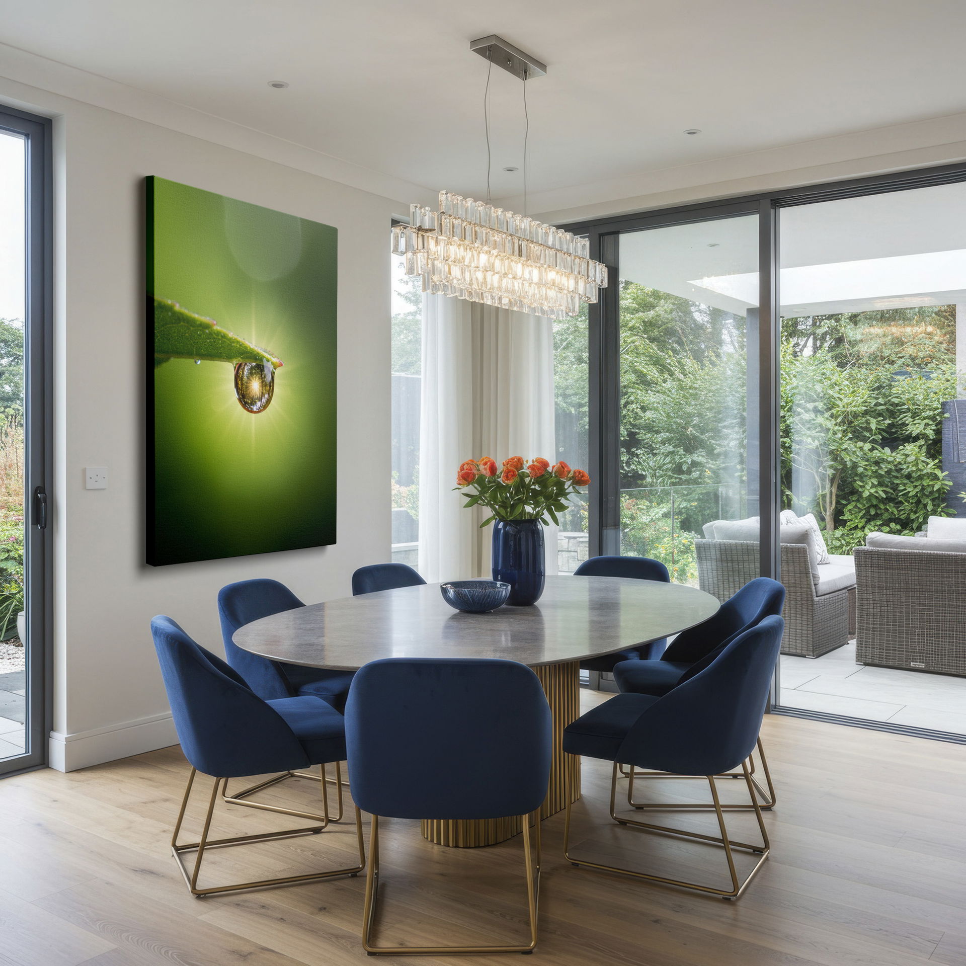 Detailed view of a raindrop mirroring a sunlit forest, dew rests on a leaf; Wrapped Canvas