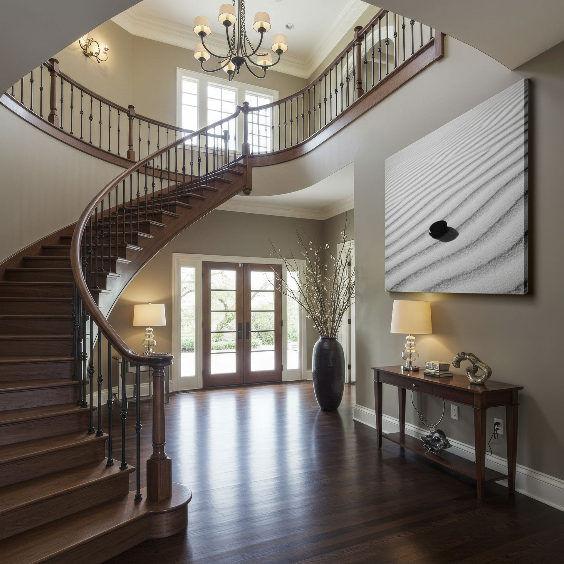 Wrapped Canvas: A tranquil scene of a dark stone on white sand forms a peaceful zen wall art.