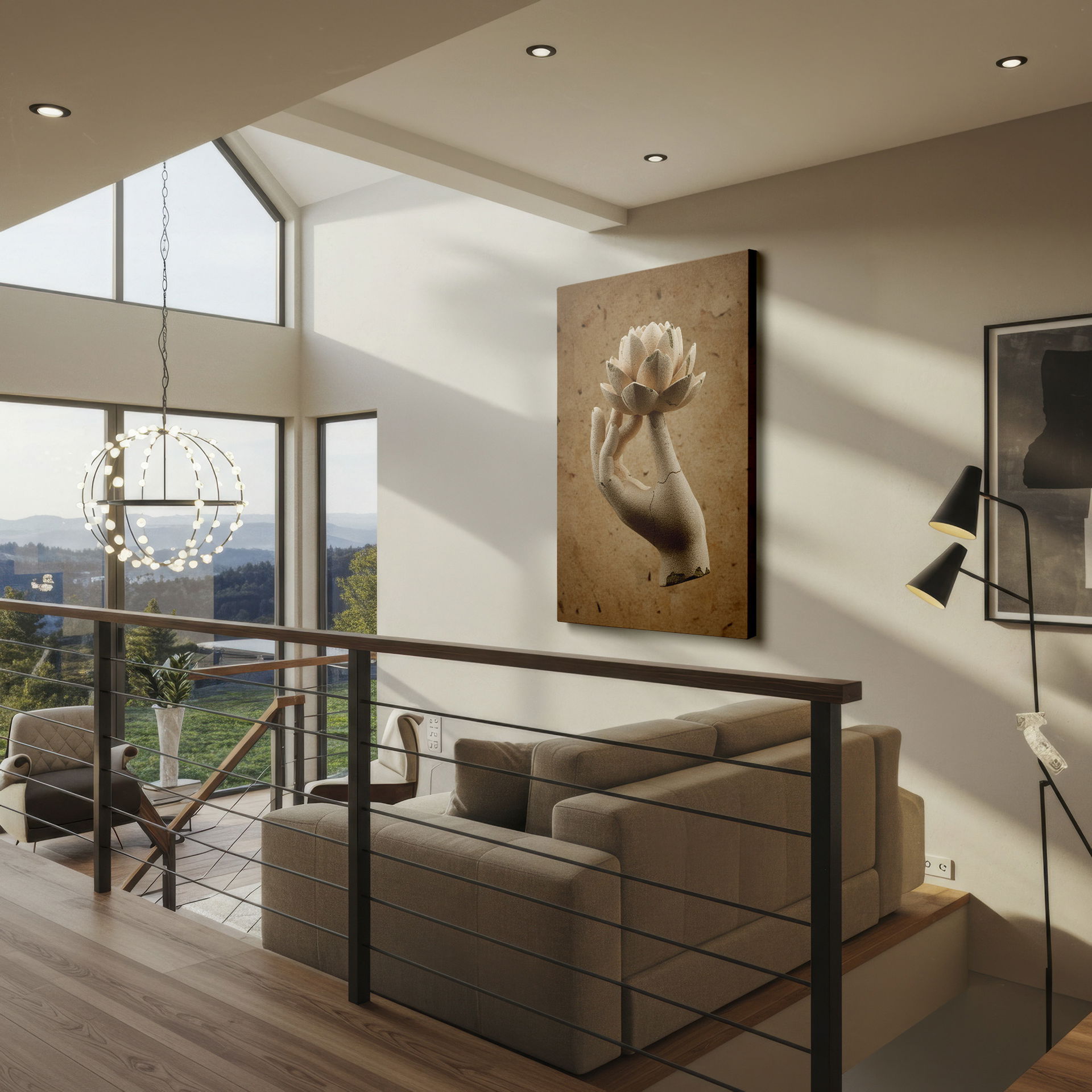 Stone hand sculpture with lotus blossom; ideal as contemplative wall decor.