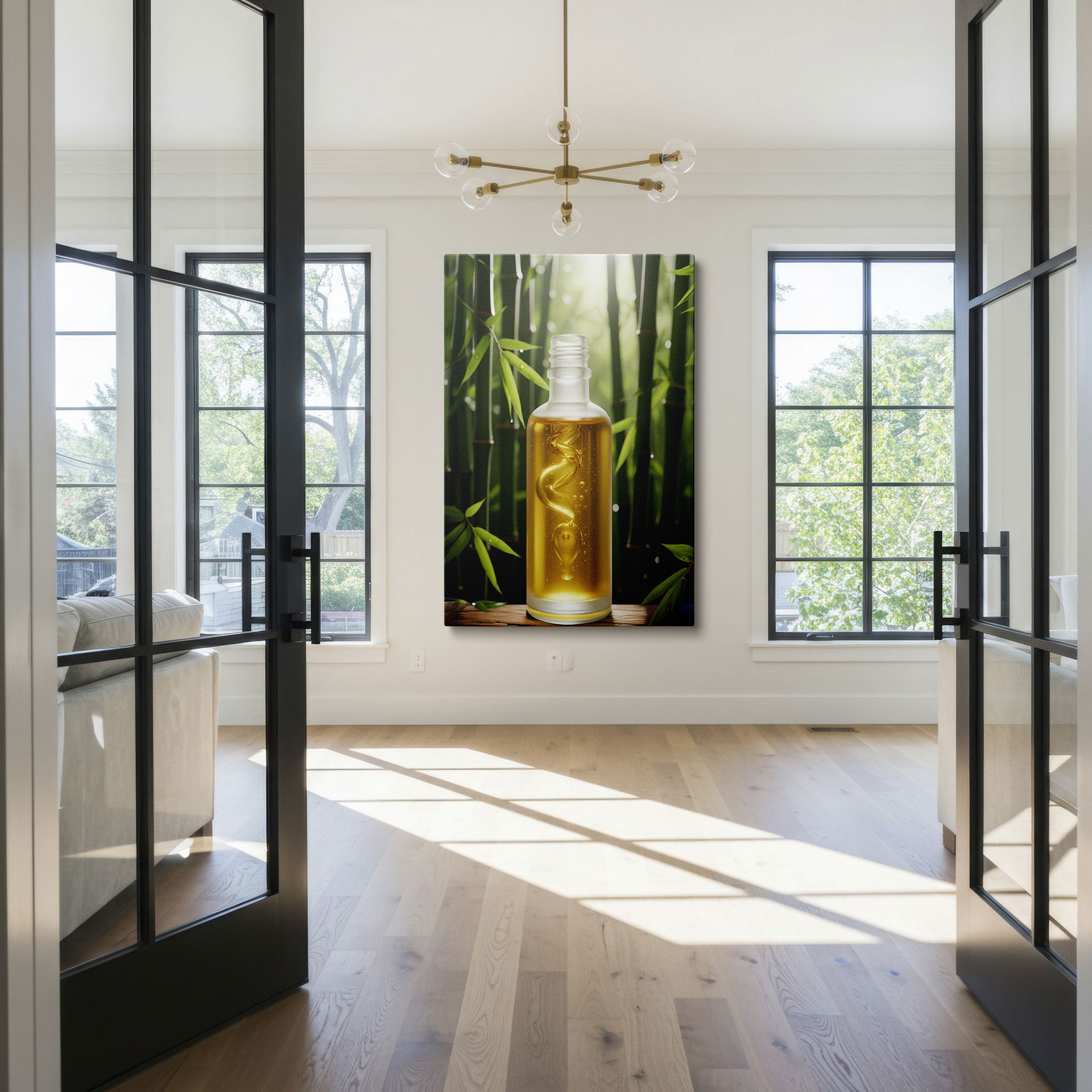 A clear bottle filled with golden oil sits amidst bamboo, offered as vibrant wall art for zen wall decor.