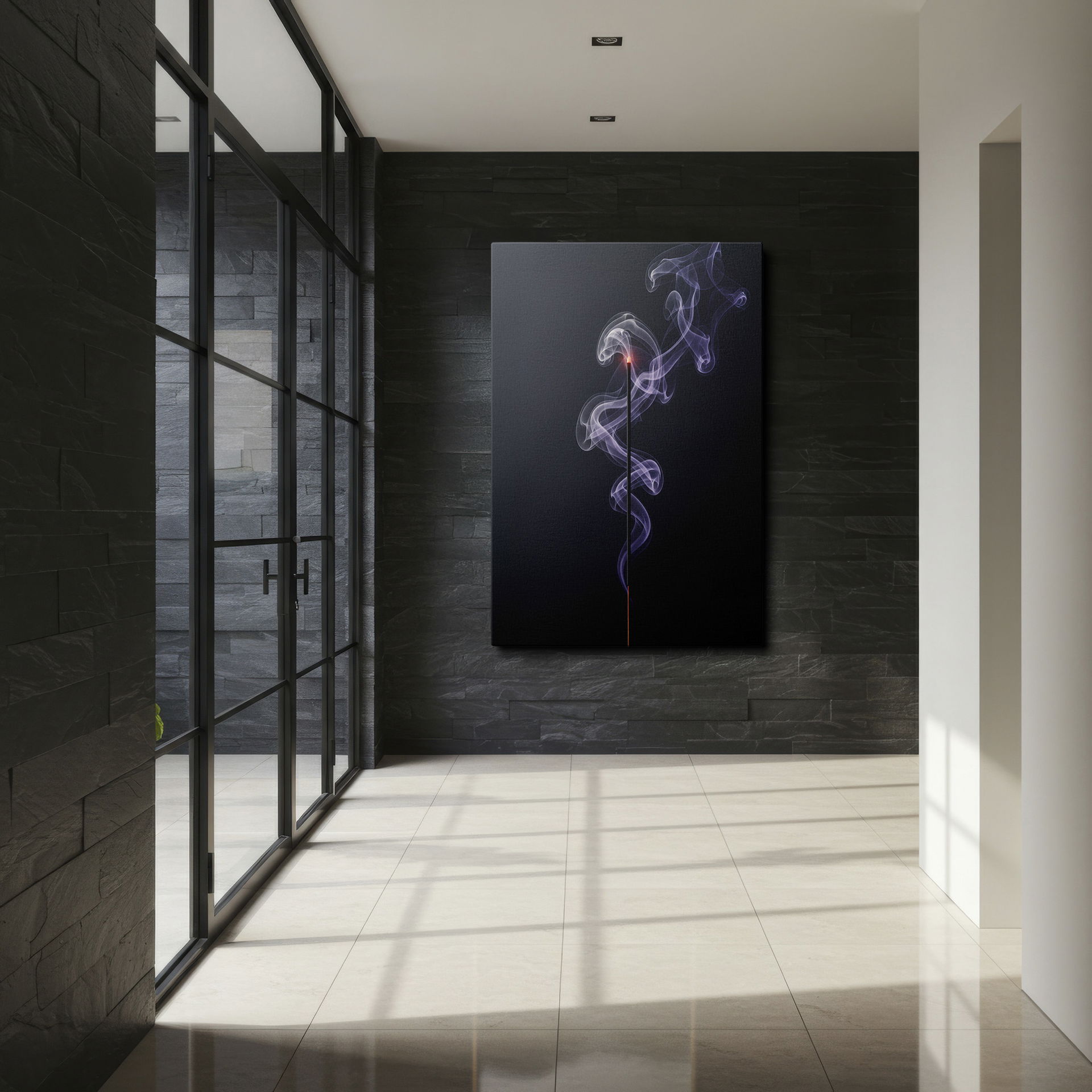 Artistic view of incense smoke creating a mesmerizing effect; a calming Wrapped Canvas.