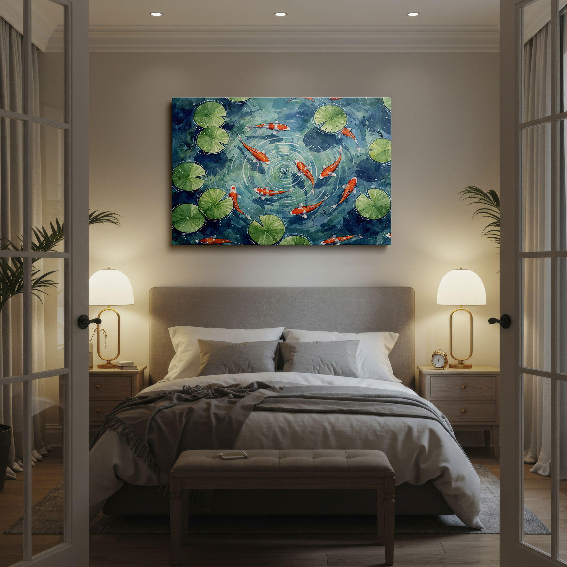 Vibrant watercolor koi fish and lily pads canvas, a beautiful and peaceful piece of Wrapped Canvas art.