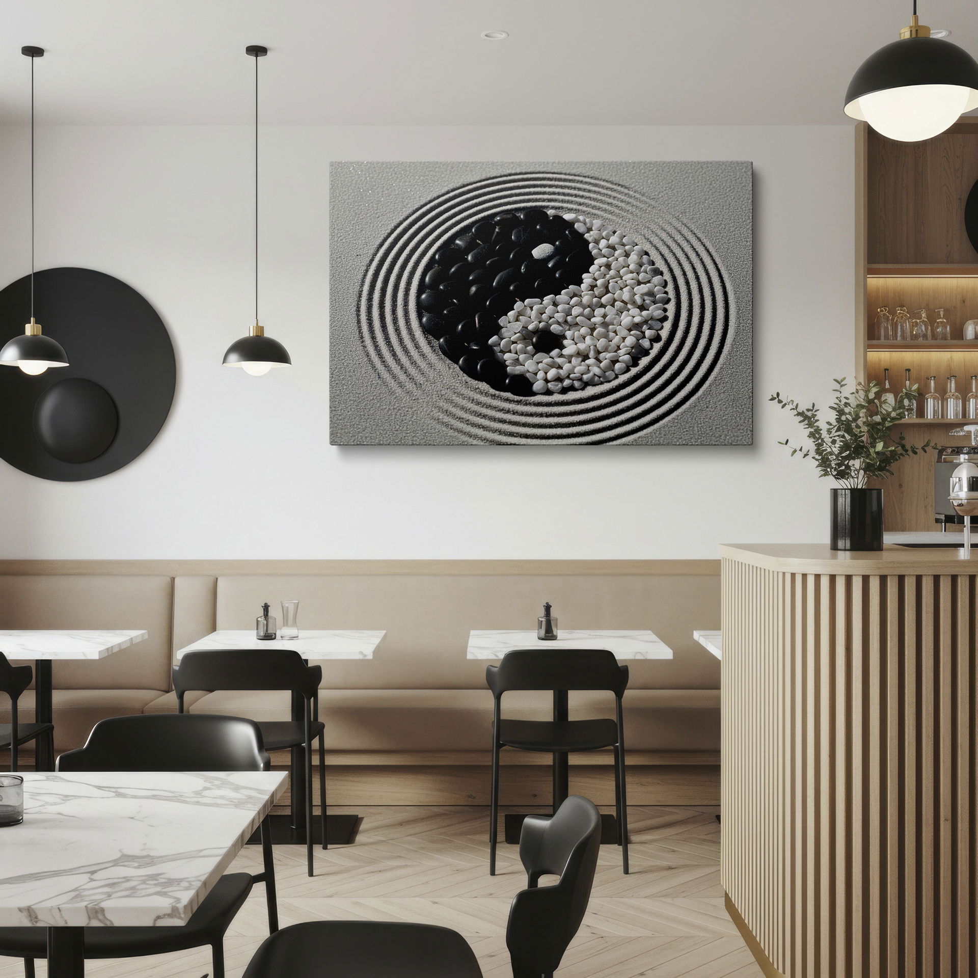 Zen wall art featuring black and white stones forming a Yin Yang symbol, a calming piece of wall decor.