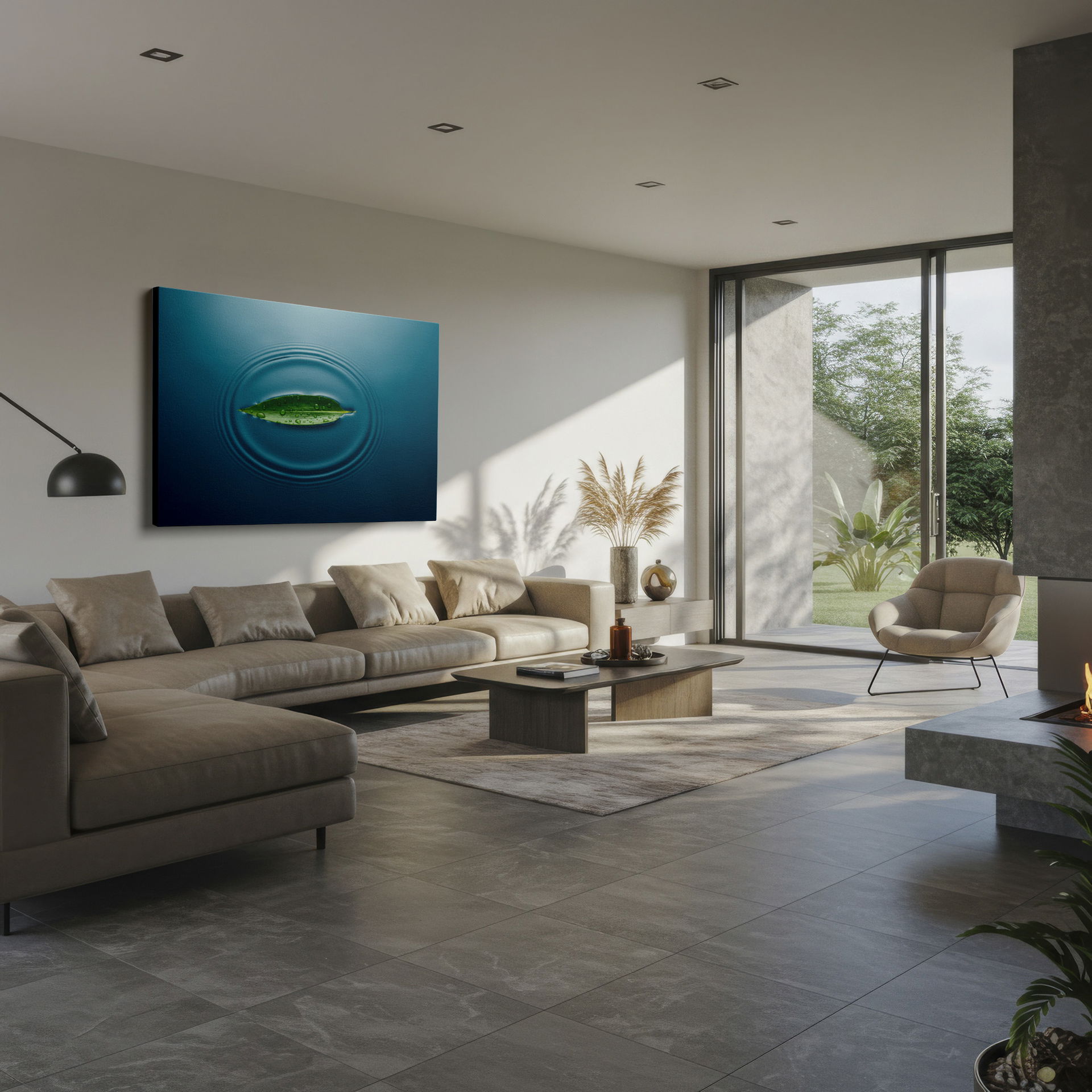 Green leaf with water drops resting peacefully on a rippled water surface. Calming nature wall decor.