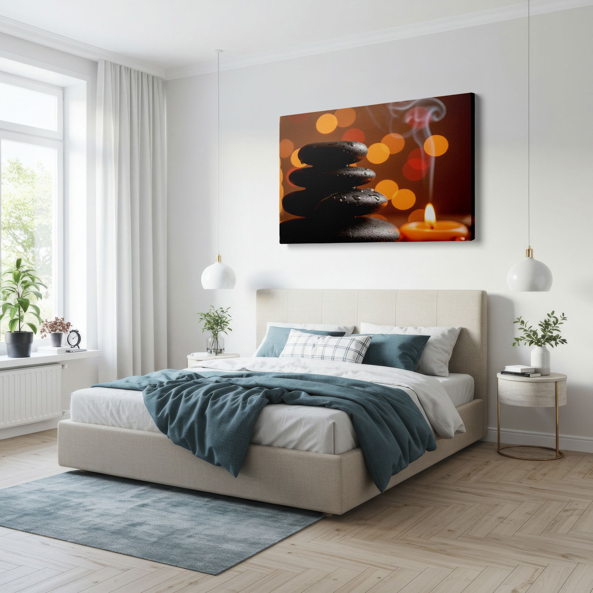 Wrapped Canvas featuring stacked Zen Stones with candlelight, bokeh for a serene atmosphere.