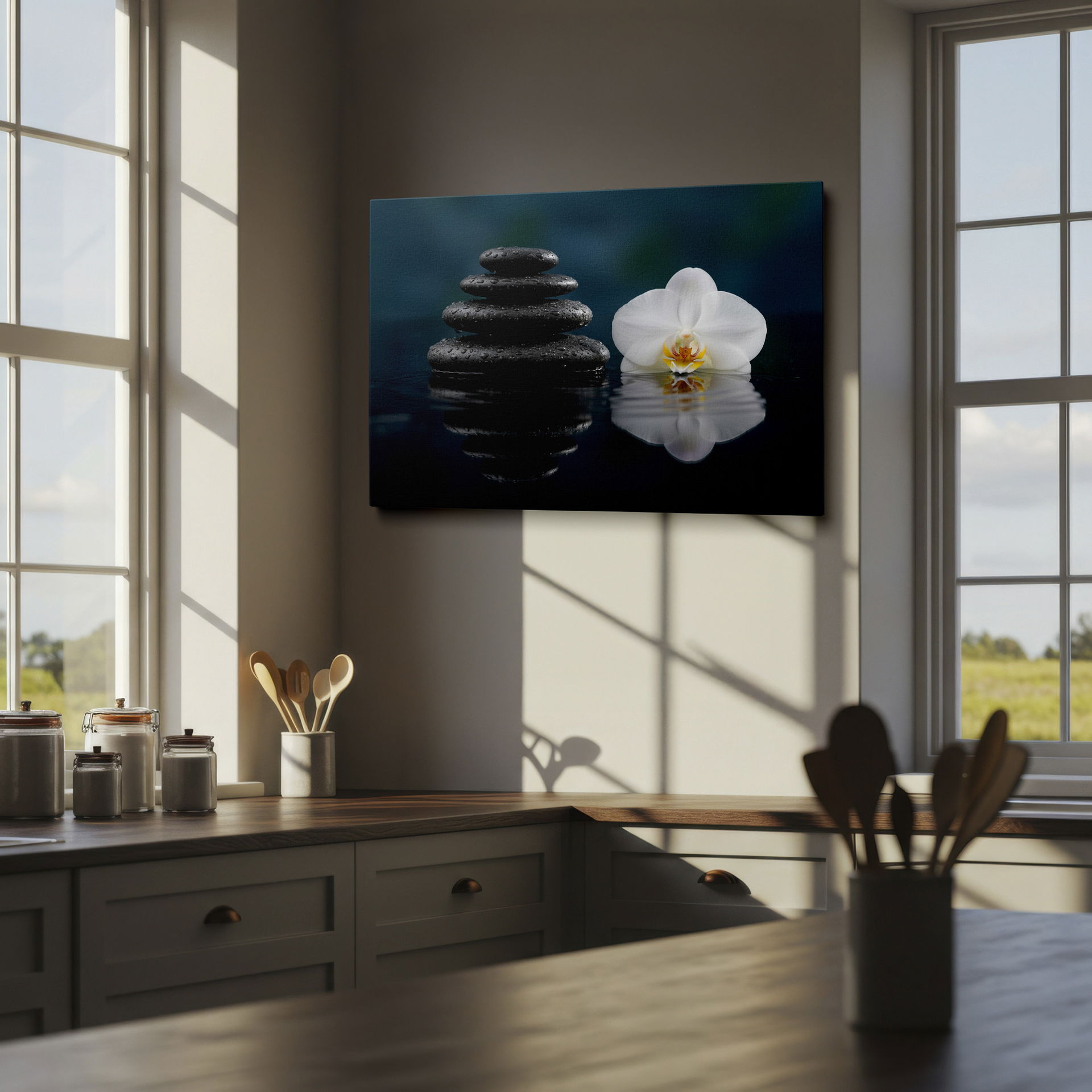 Zen stones and orchid wall art providing a sense of calm and tranquility.