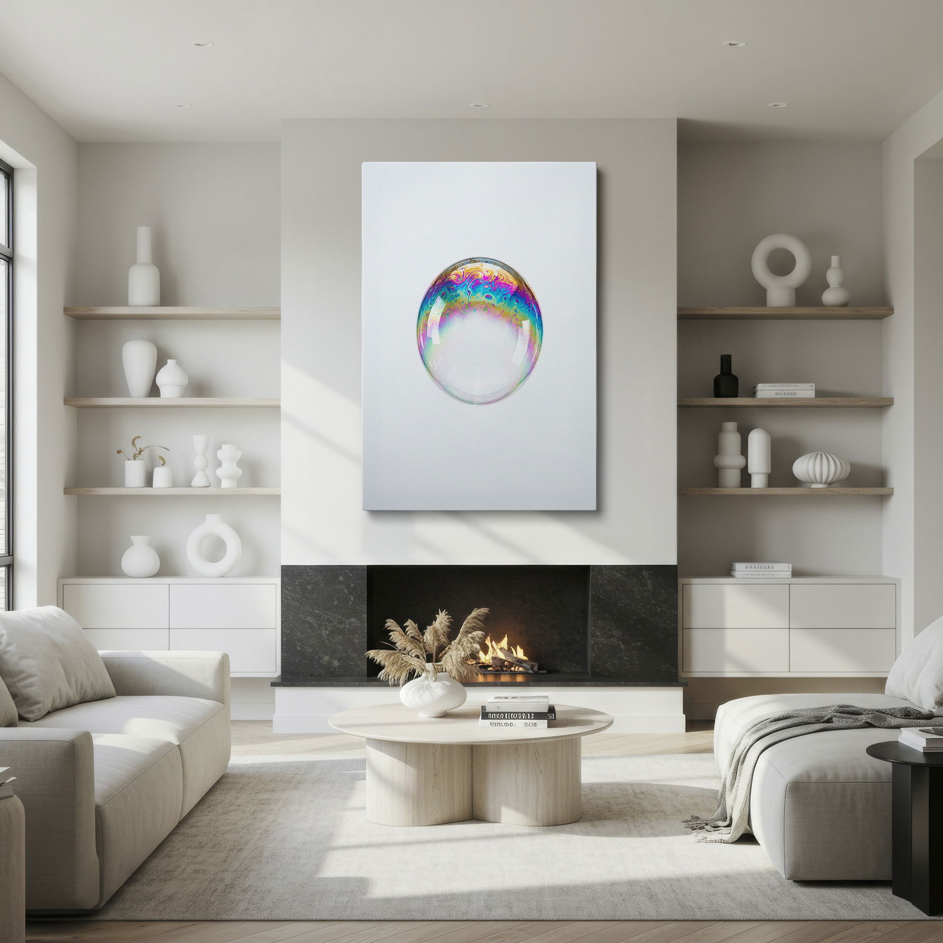 Swirling colors on a bubble presented as captivating iridescent wall art for unique wall decor.