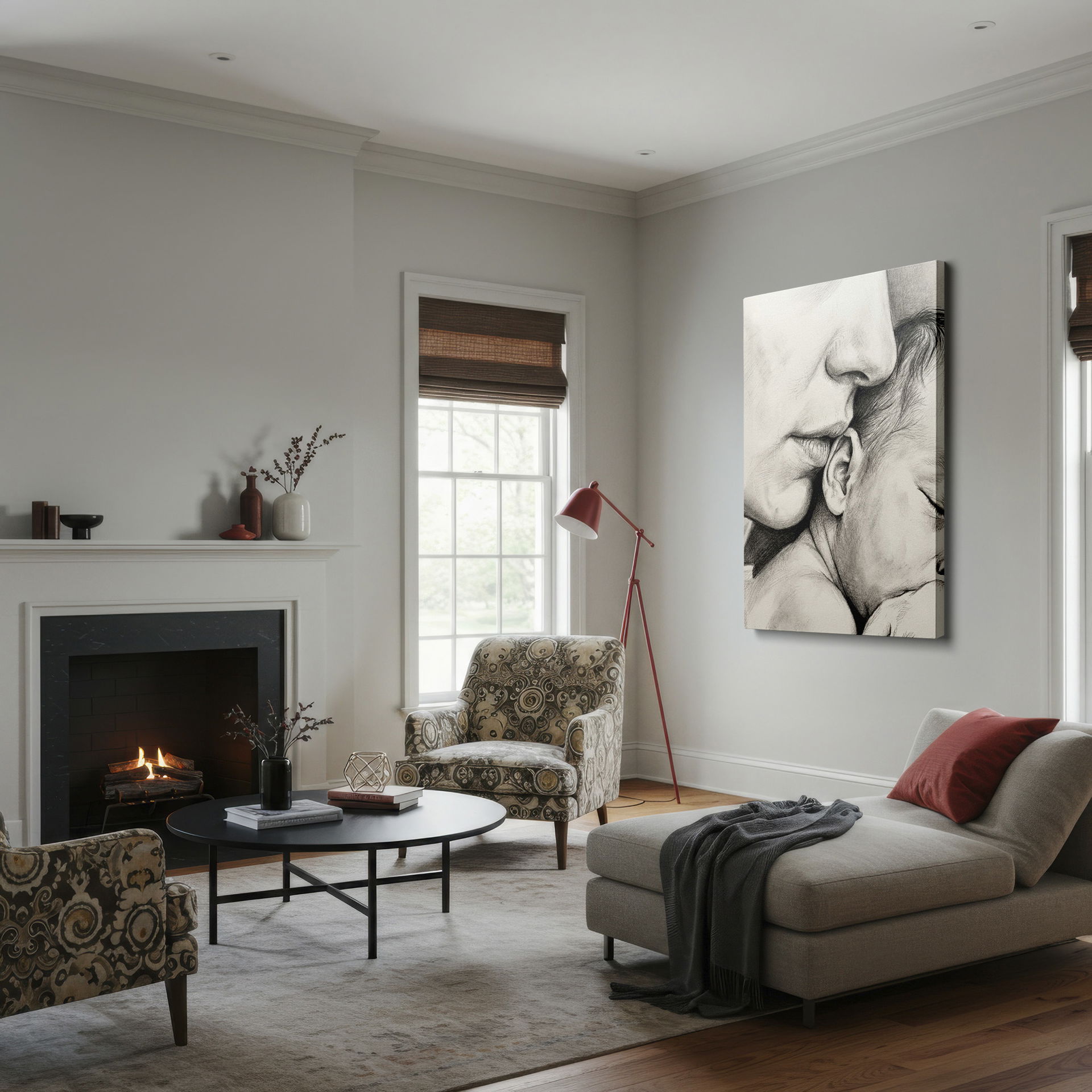 High-quality wall decor: Graphite rendering of a mother's tender kiss on her sleeping child.