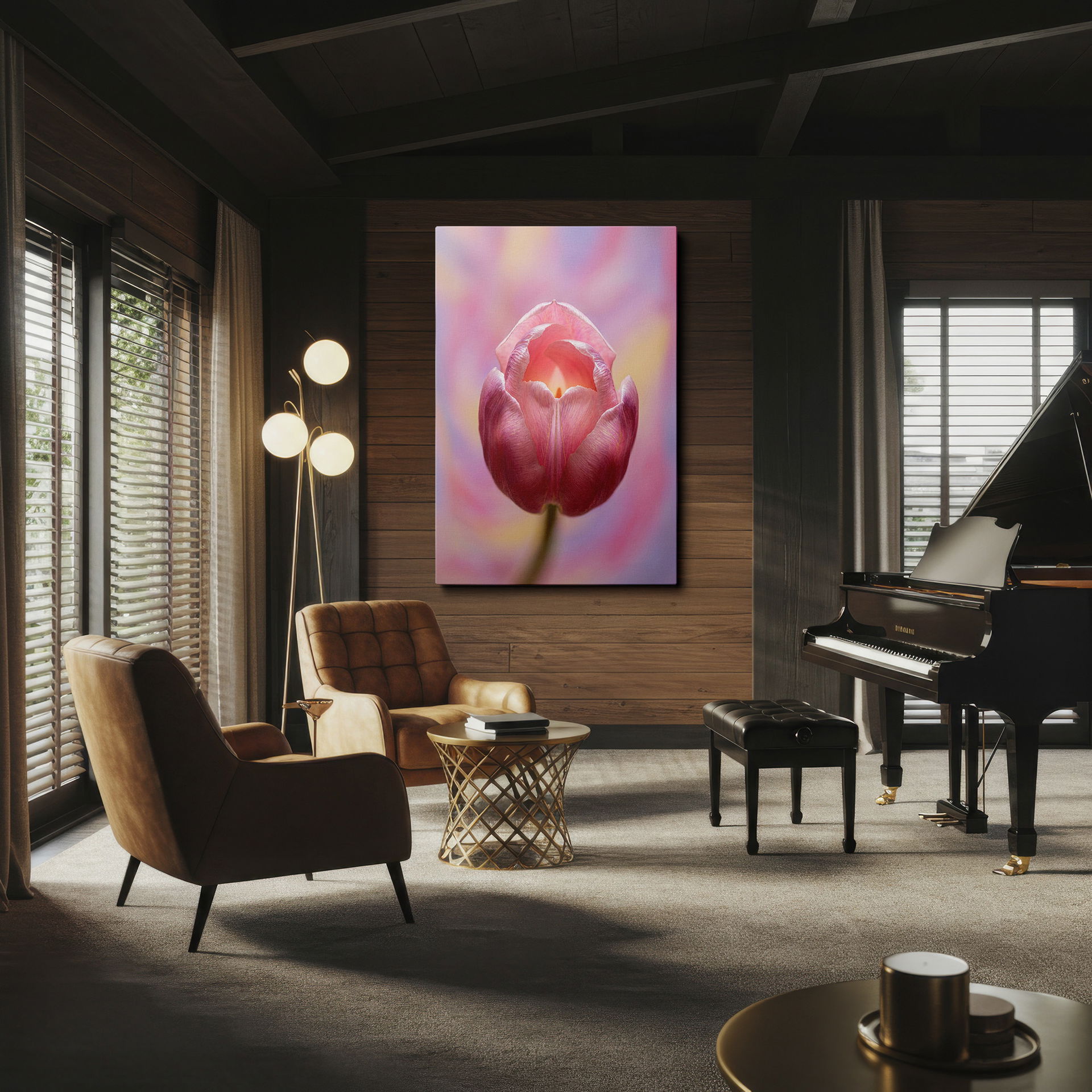 Close-up capturing the pink tulip's delicate texture and form; perfect Wrapped Canvas for your home.