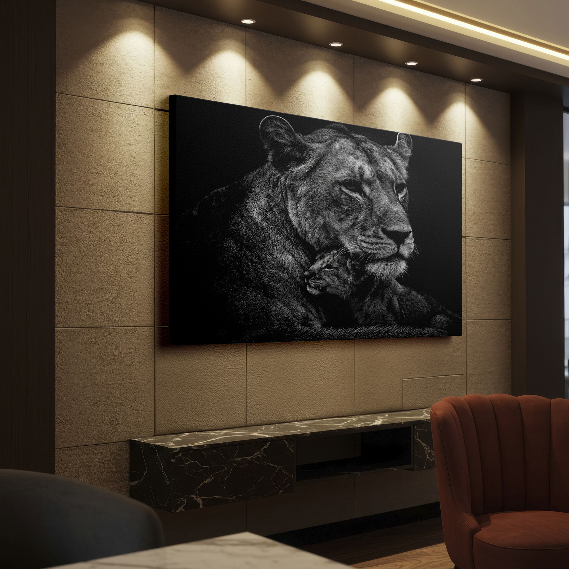 Monochrome portrait: Lioness and cub, symbolizing motherhood and protection, makes striking wall decor.