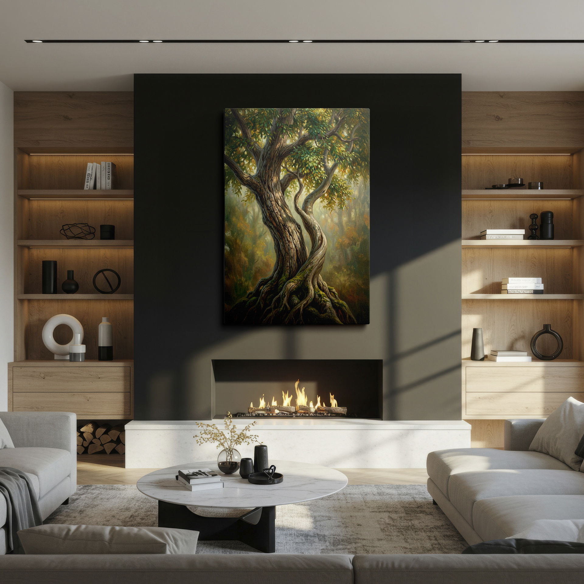 Artistic wall art capturing an old tree with intertwined limbs, lively green leaves, and moss-covered base creating depth and tranquility.