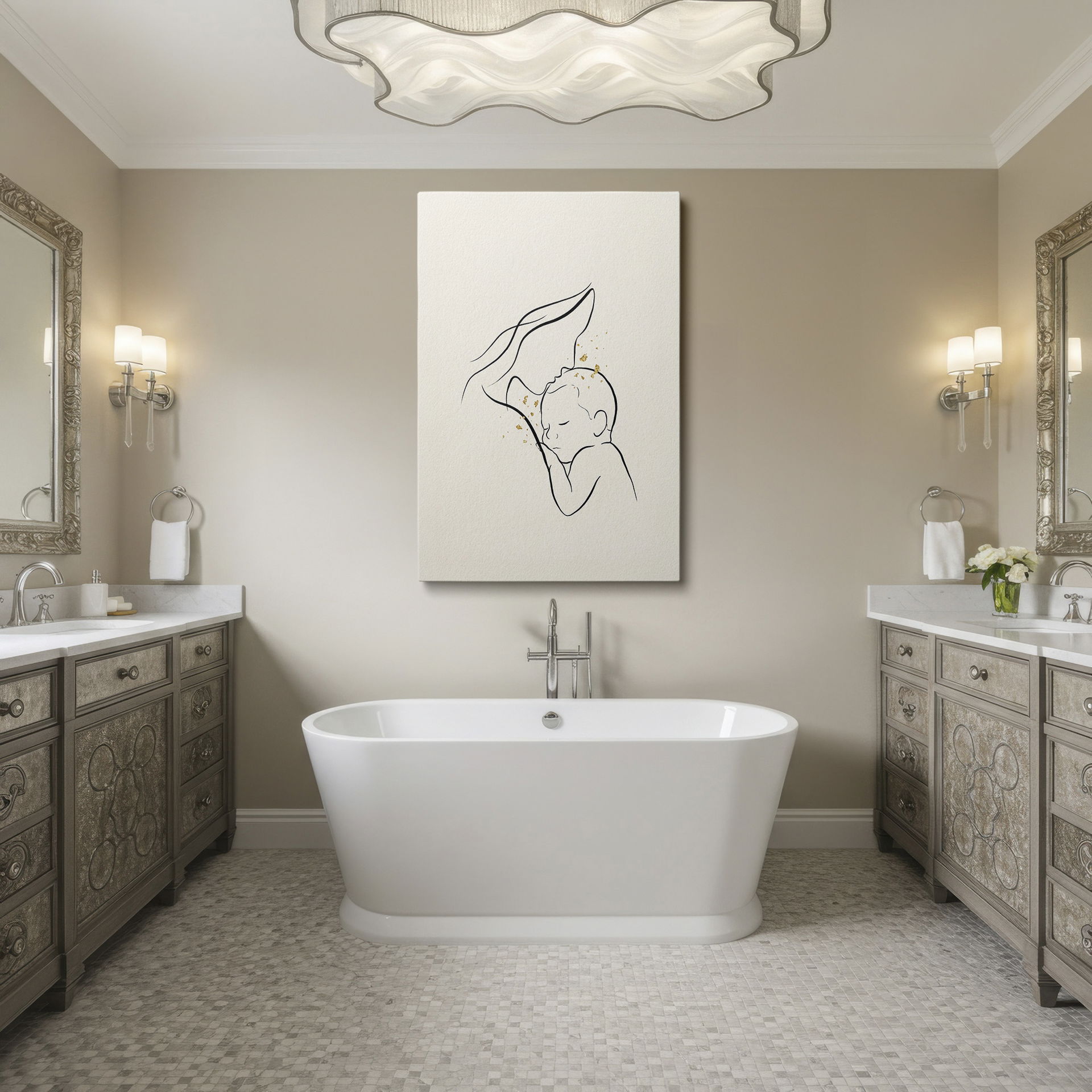 Black line art of a mother and child with golden accents, this heartwarming design as unique wall decor.