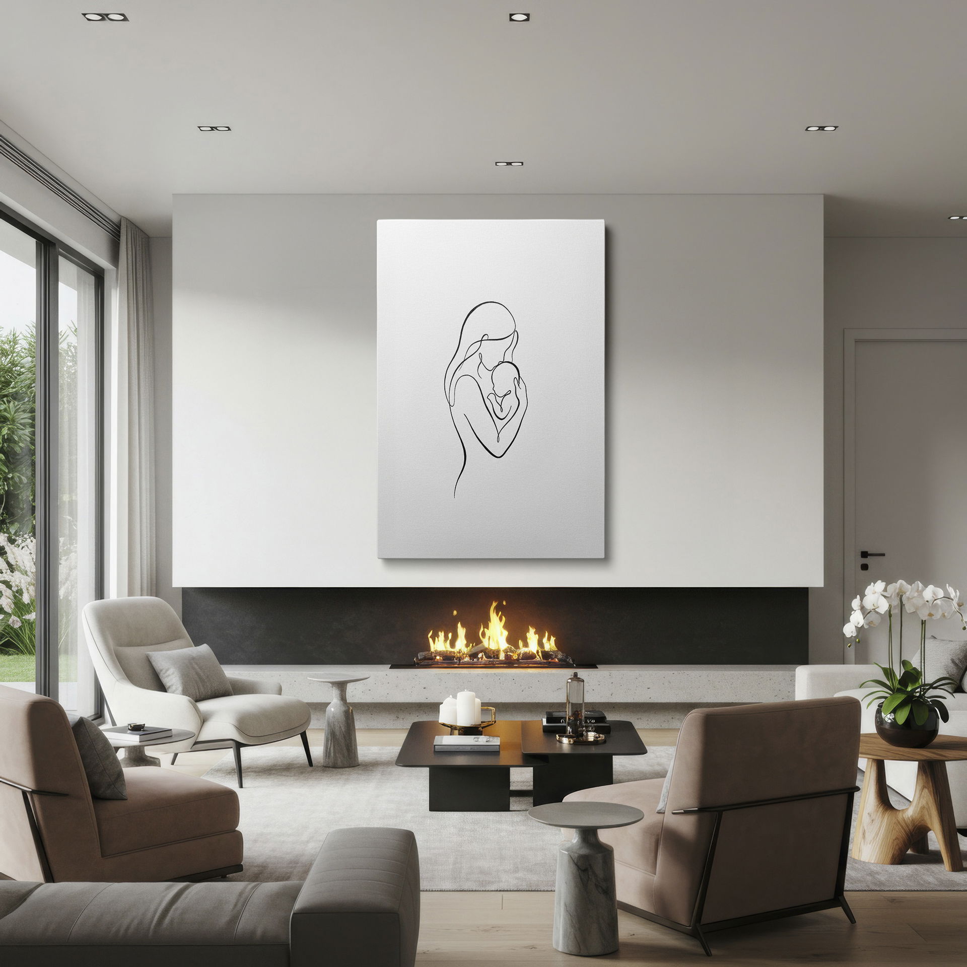 Continuous line art of maternal love, displayed as a stunning Wrapped Canvas piece.