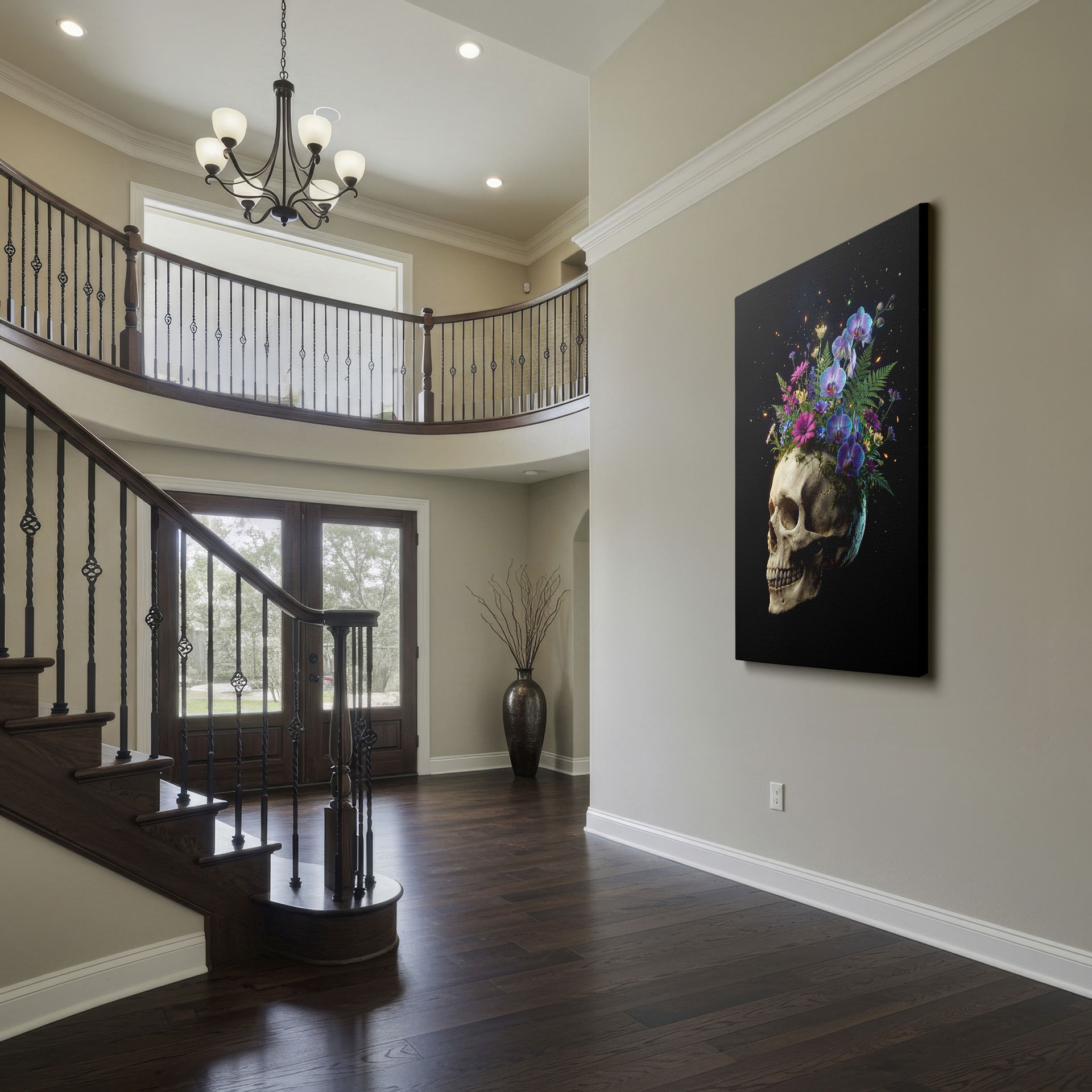 Close-up wall art: skull details moss and blooming flora. Ideal for the gothic home décor.