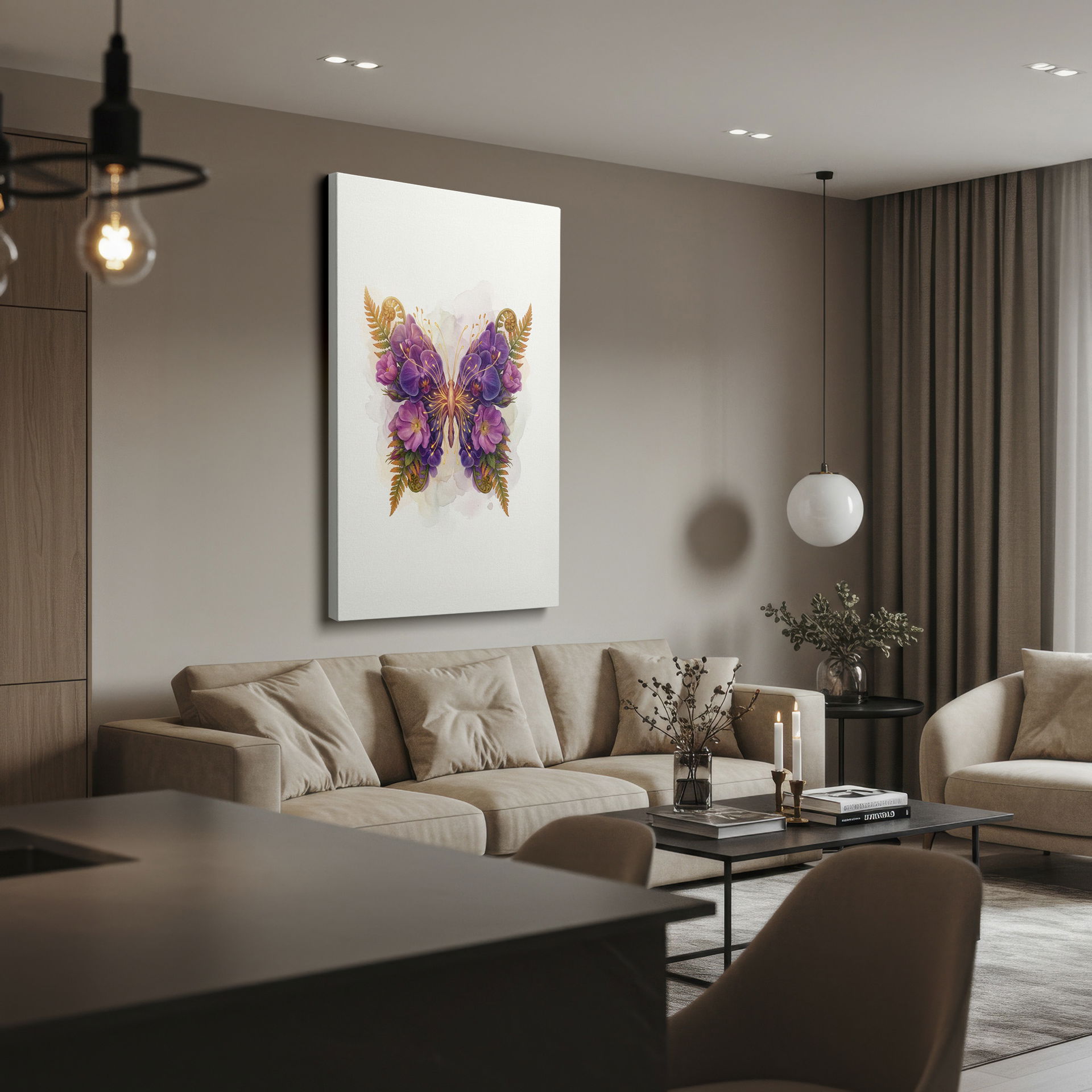 Wrapped Canvas of a floral butterfly with wings composed of vibrant purple and pink flowers and fern fronds, offering nature-inspired beauty.