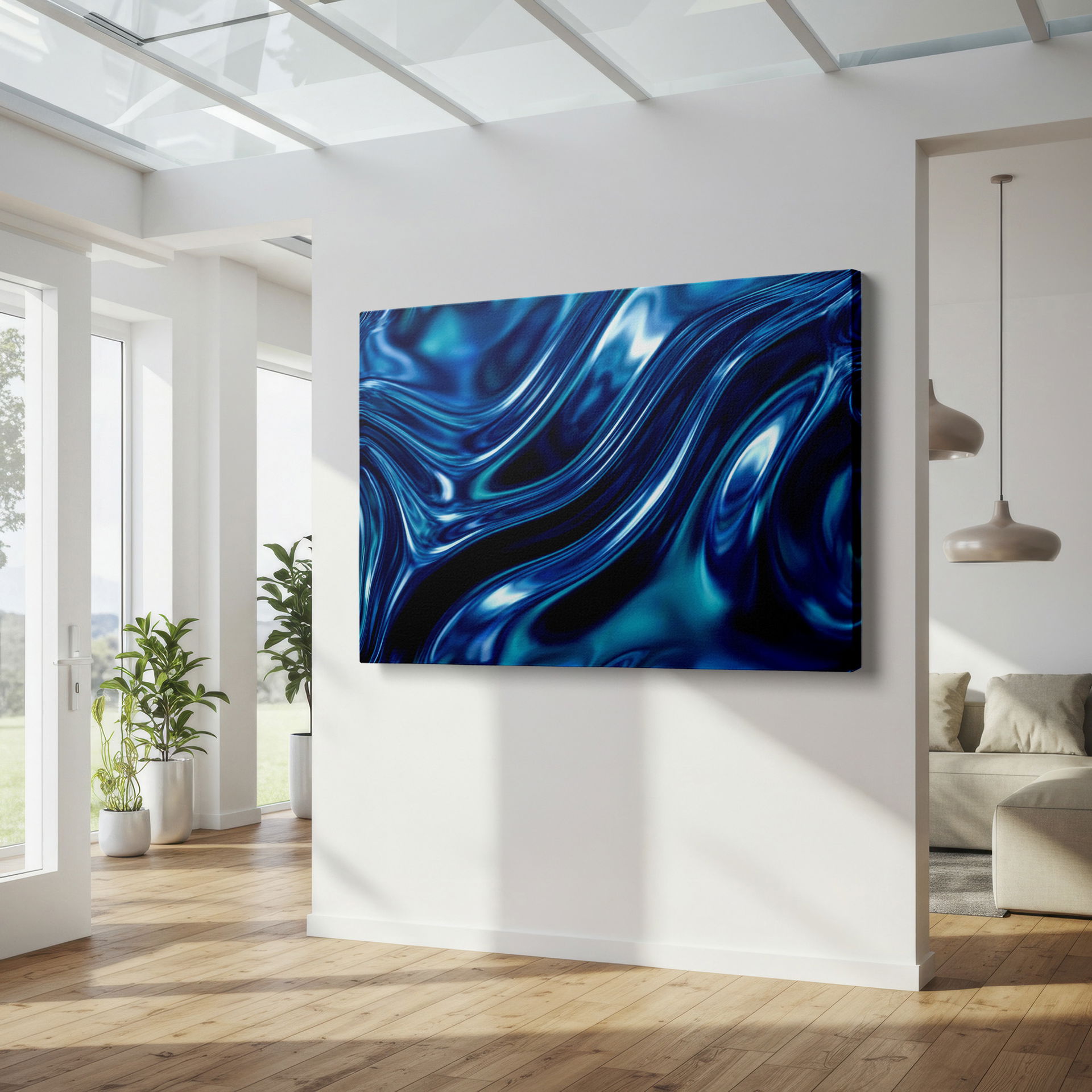 Wrapped Canvas print: Dynamic abstract liquid textures in shades of blue and white.