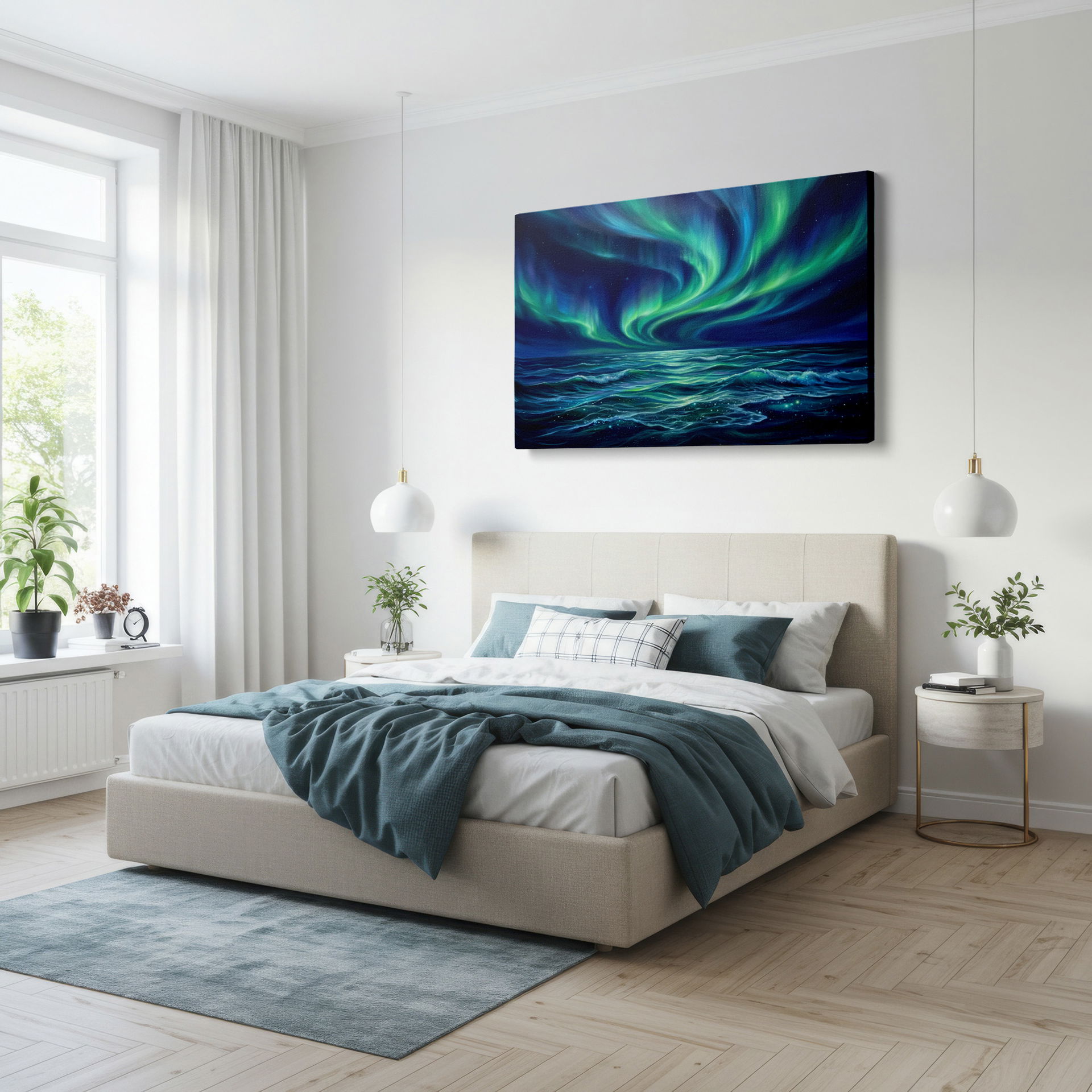 Serene wall art featuring the aurora borealis reflecting on the ocean, a unique and calming addition to your wall decor.