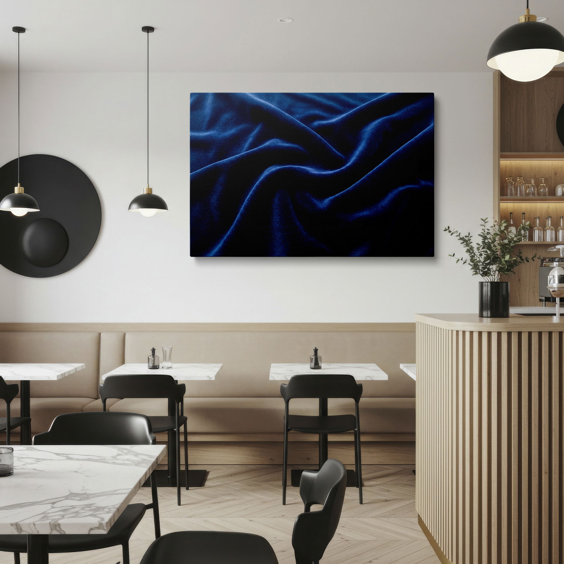 An abstract image focusing on the folds and sheen of dark blue velvet; a unique Wrapped Canvas.