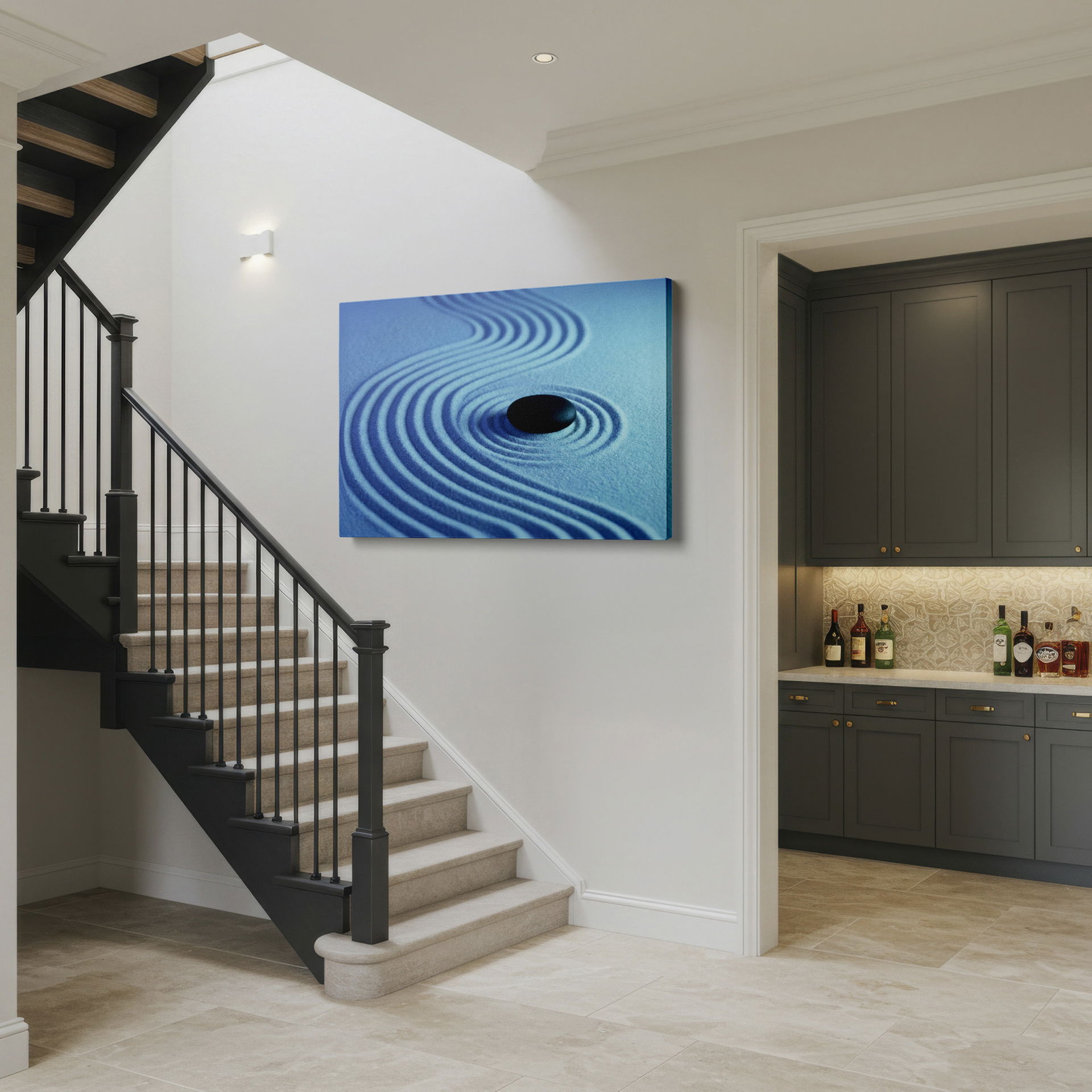 Serene stone centered in raked sand on Wrapped Canvas, bringing tranquility to your home.