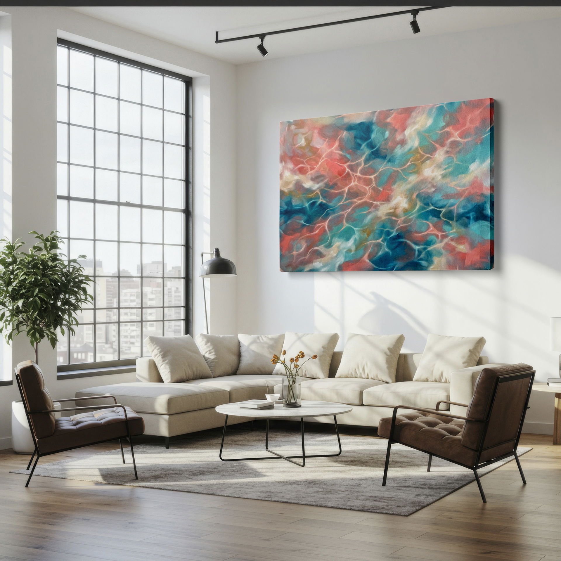 Wrapped Canvas of abstract water reflections in coral, teal, and cream hues, a modern art statement.