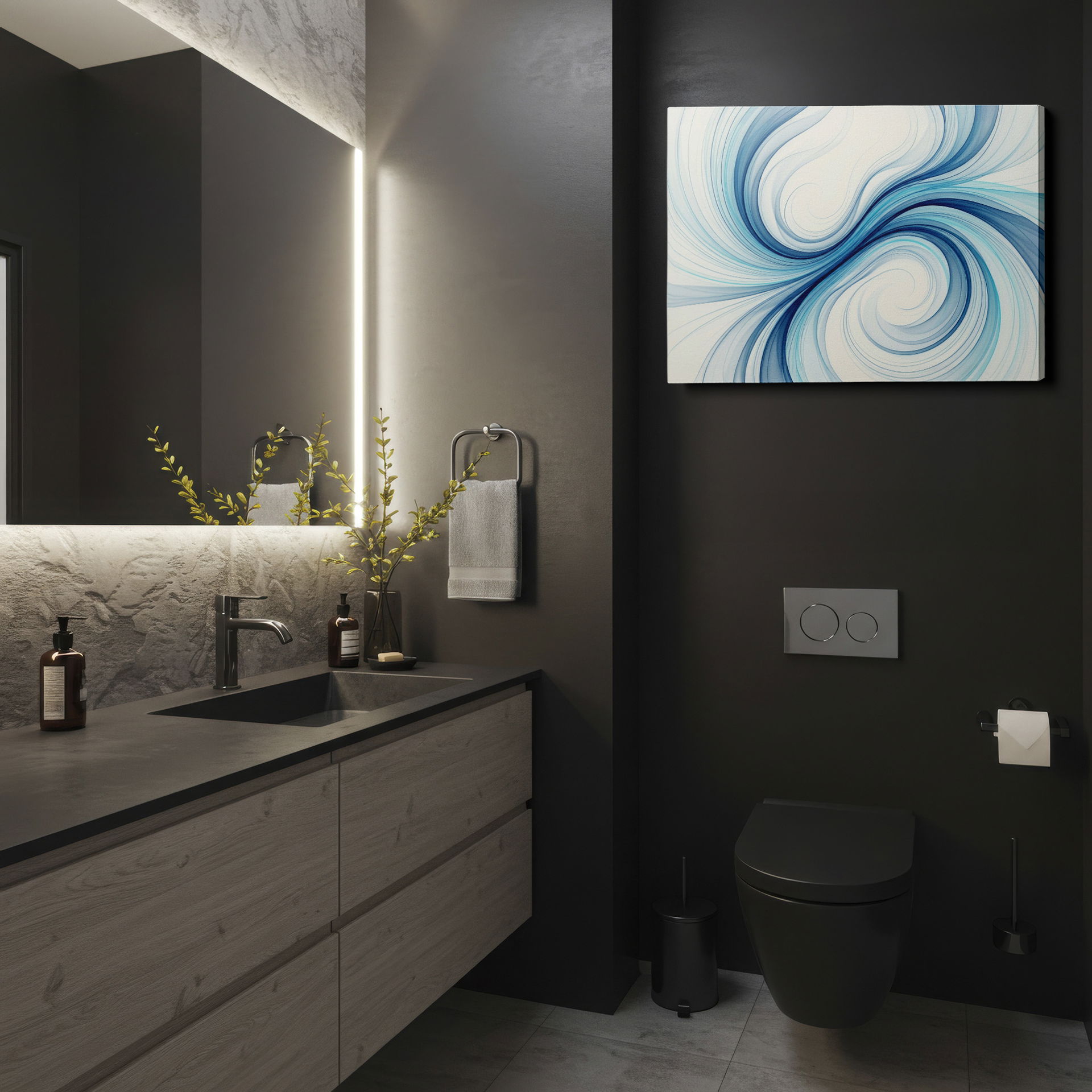 Elegant wall art featuring flowing blue lines, enhancing modern home decor.