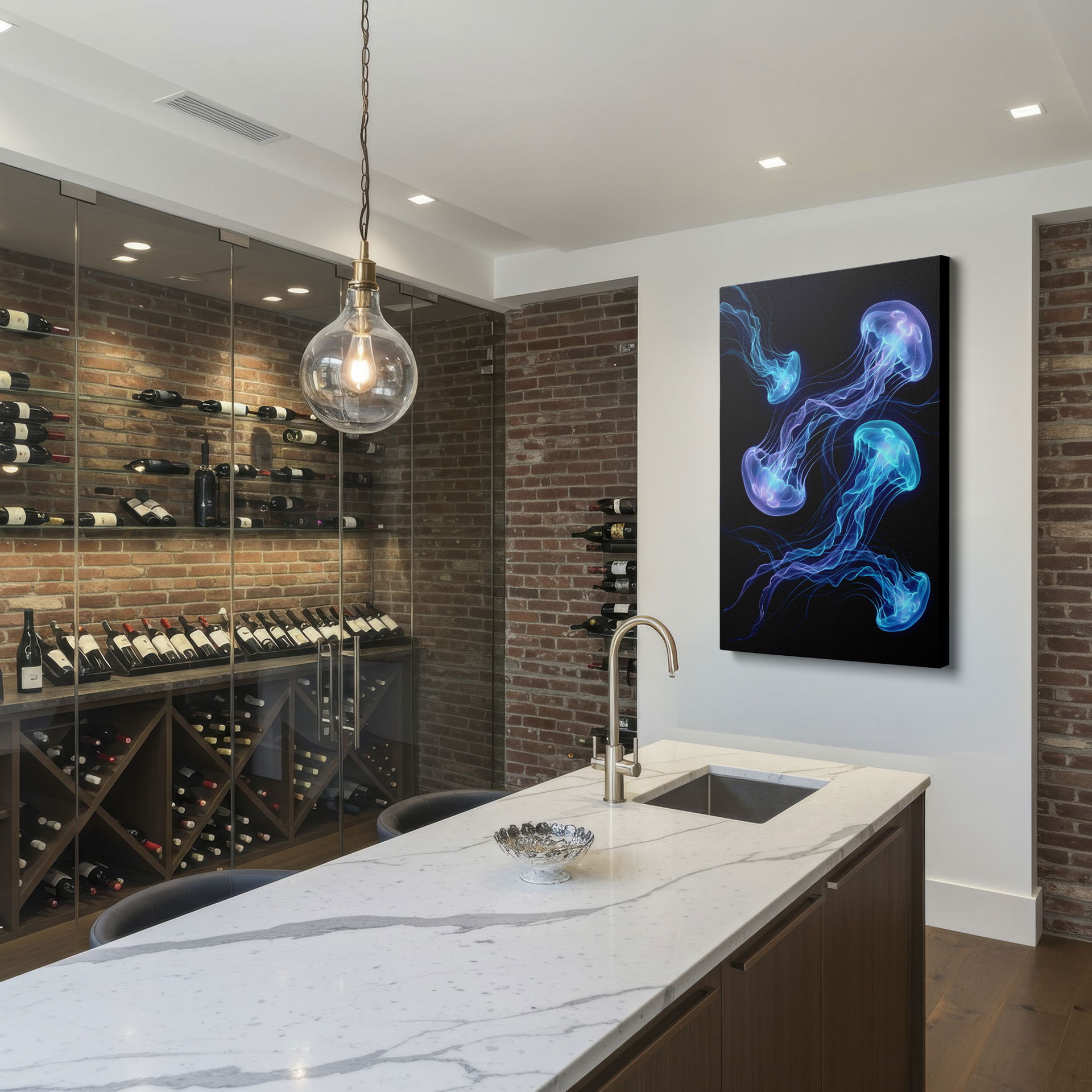 Wrapped Canvas art print: ethereal jellyfish glowing against the dark ocean depths.